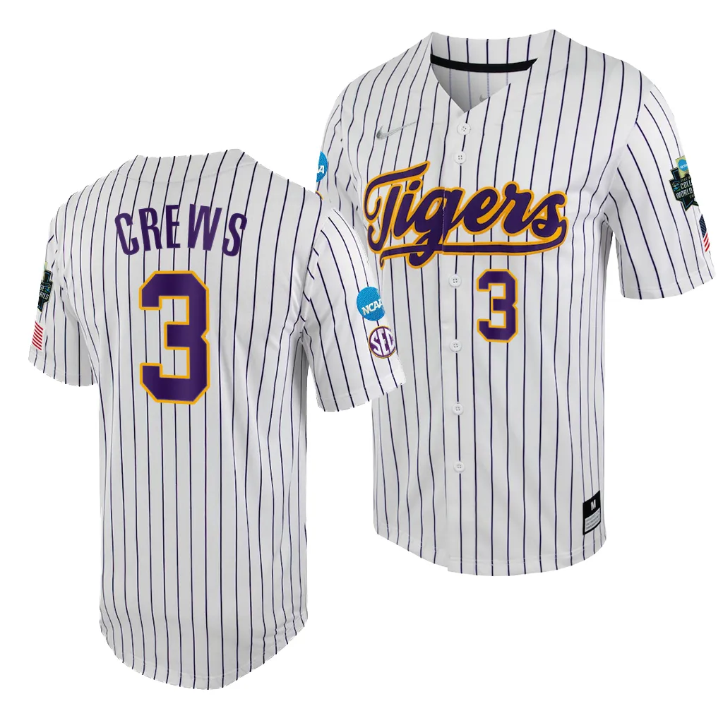 LSU Tigers Dylan Crews 2023 College World Series White Purple #3 Jersey NCAA