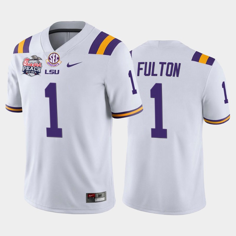 LSU Tigers Kristian Fulton White 2019-20 Home Peach Bowl Champions Jersey College