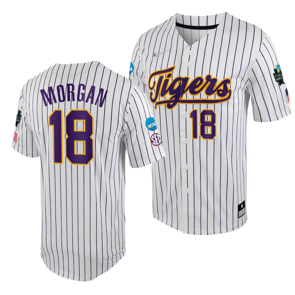 LSU Tigers Tre' Morgan 2023 College World Series White Purple #18 Jersey NCAA
