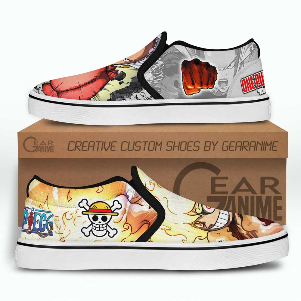 Luffy and Saitama Slip-On Shoes Canvas Custom Anime Shoes Otaku Gift Ideas