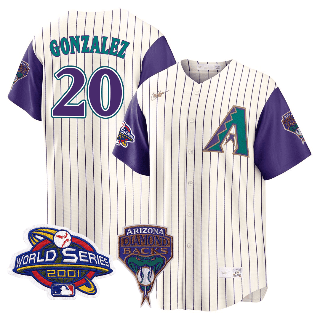 Luis Gonzalez Men's Arizona Diamondbacks 2001 World Series Patch Throwback Jersey - All Stitched