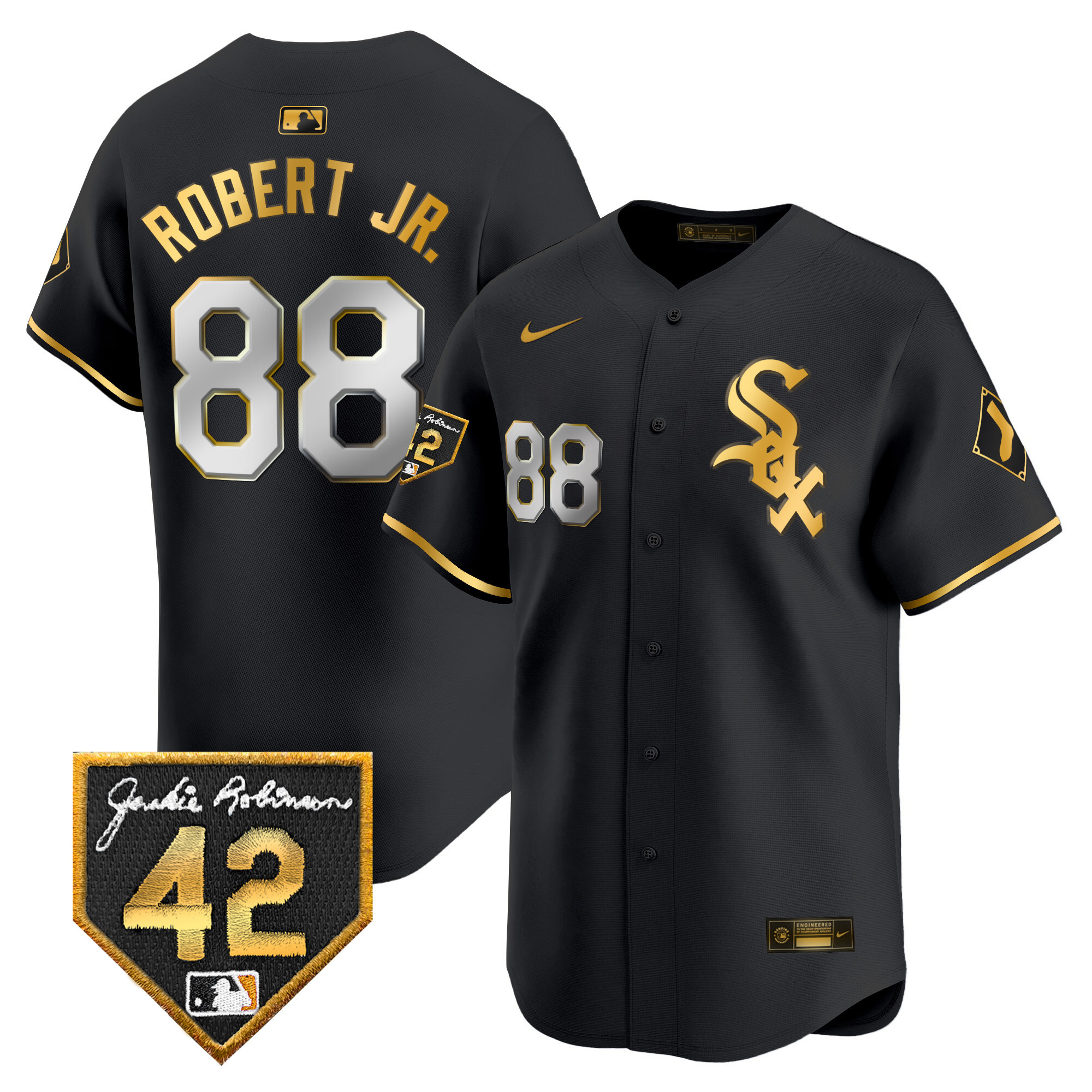 Luis Robert Jr. Men's Chicago White Sox 2024 Jackie Robinson Patch Vapor Premier Limited Black Gold Jersey - All Stitched