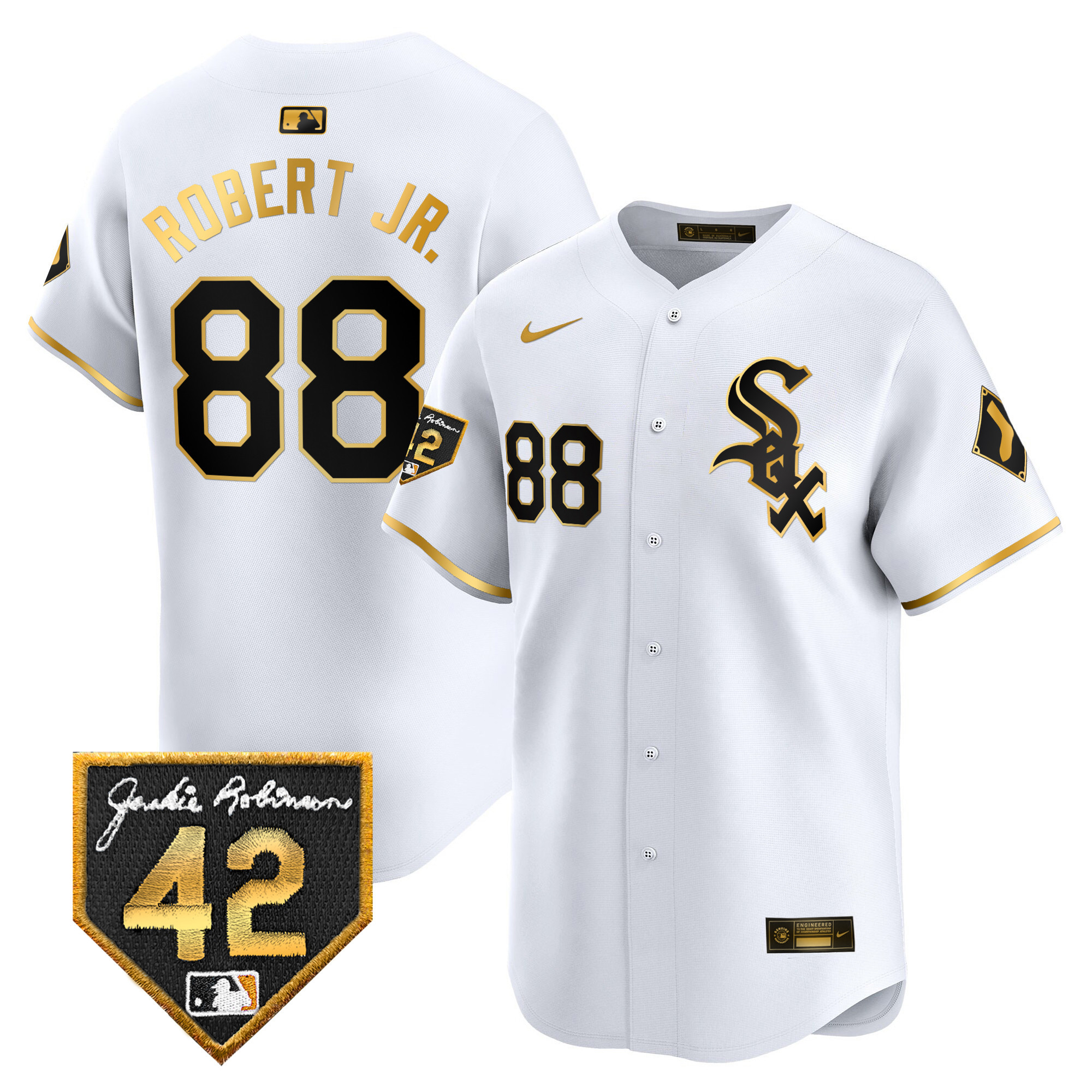 Luis Robert Jr. Men's Chicago White Sox 2024 Jackie Robinson Patch Vapor Premier Limited White Gold Jersey - All Stitched