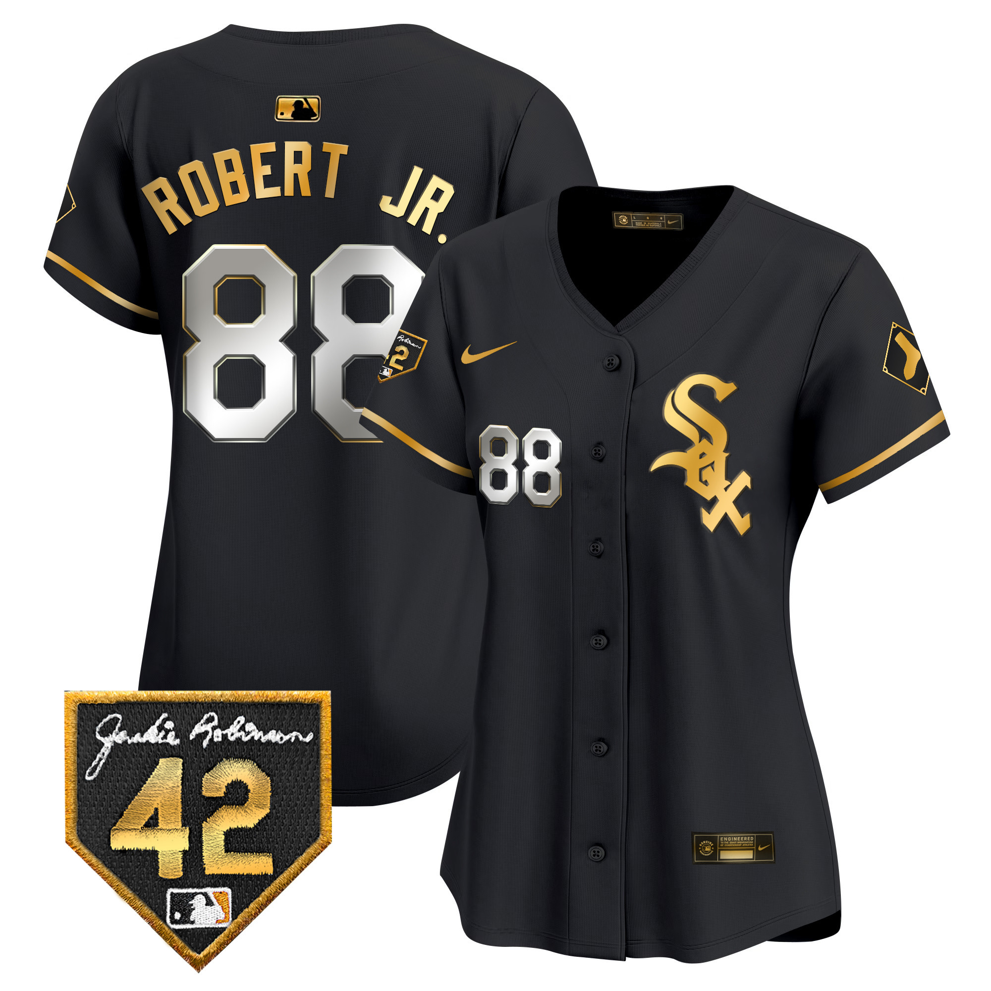Luis Robert Jr. Women's Chicago White Sox 2024 Jackie Robinson Patch Vapor Premier Limited Black Gold Jersey - All Stitched