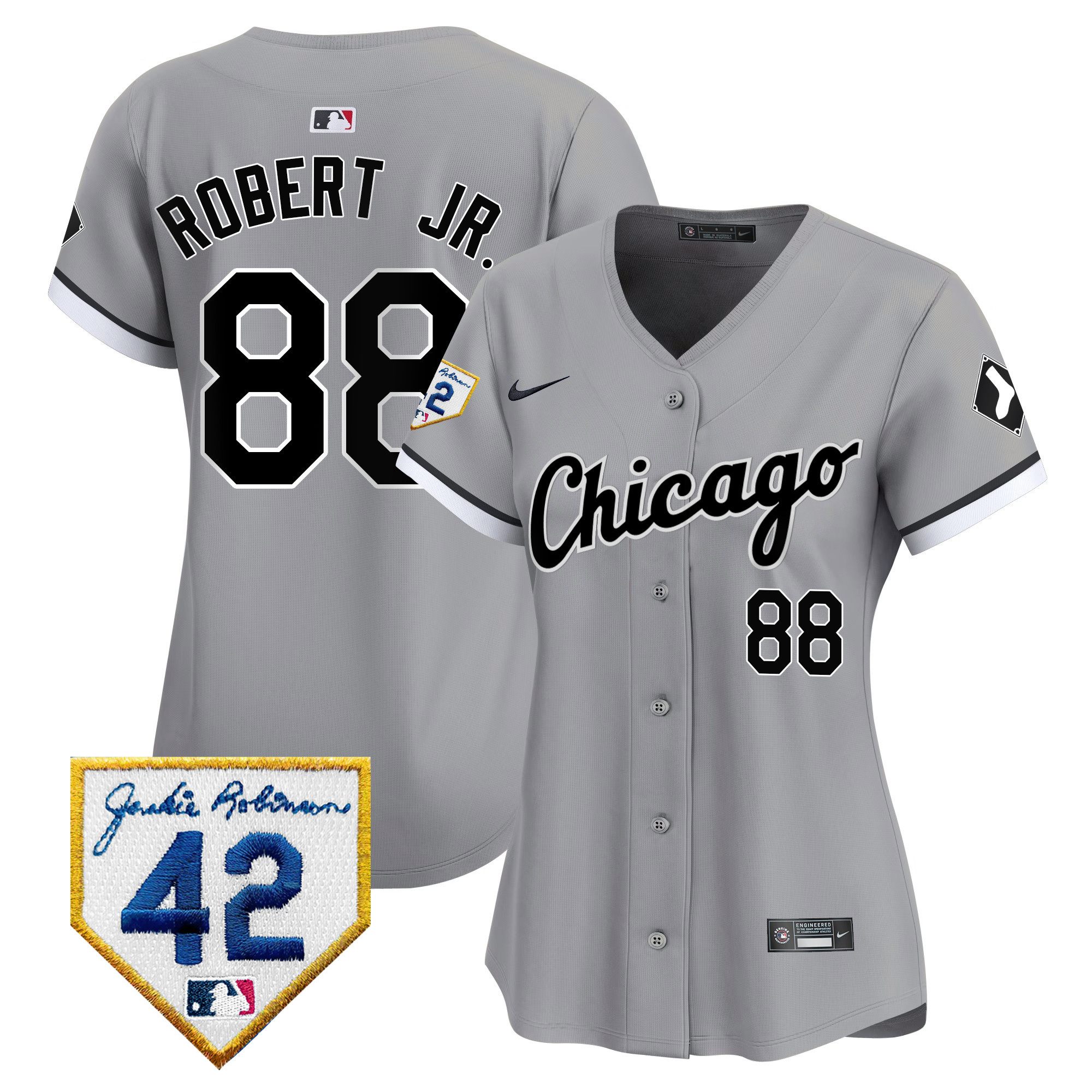 Luis Robert Jr. Women's Chicago White Sox 2024 Jackie Robinson Patch Vapor Premier Limited Gray Jersey - All Stitched
