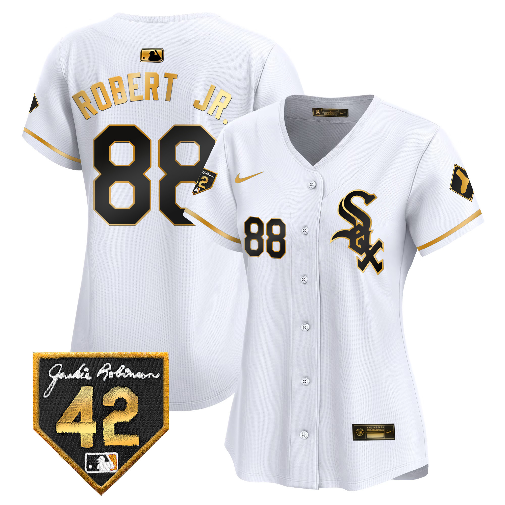 Luis Robert Jr. Women's Chicago White Sox 2024 Jackie Robinson Patch Vapor Premier Limited White Gold Jersey - All Stitched