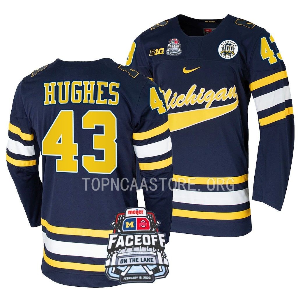 Luke Hughes Michigan Wolverines Navy Faceoff On The Lake Jersey 2023