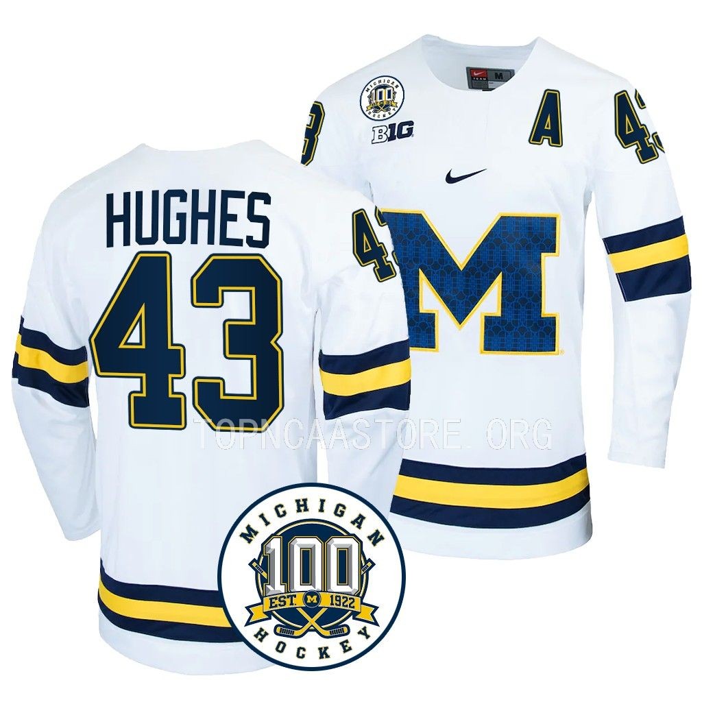 Luke Hughes Michigan Wolverines White 100th Anniversary Jersey