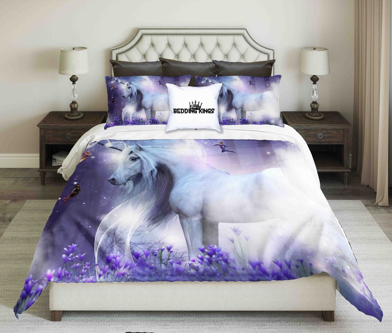 Majestic Unicorn With Three Little Fairies Design Kings 3D Customized Duvet Cover Bedding Set