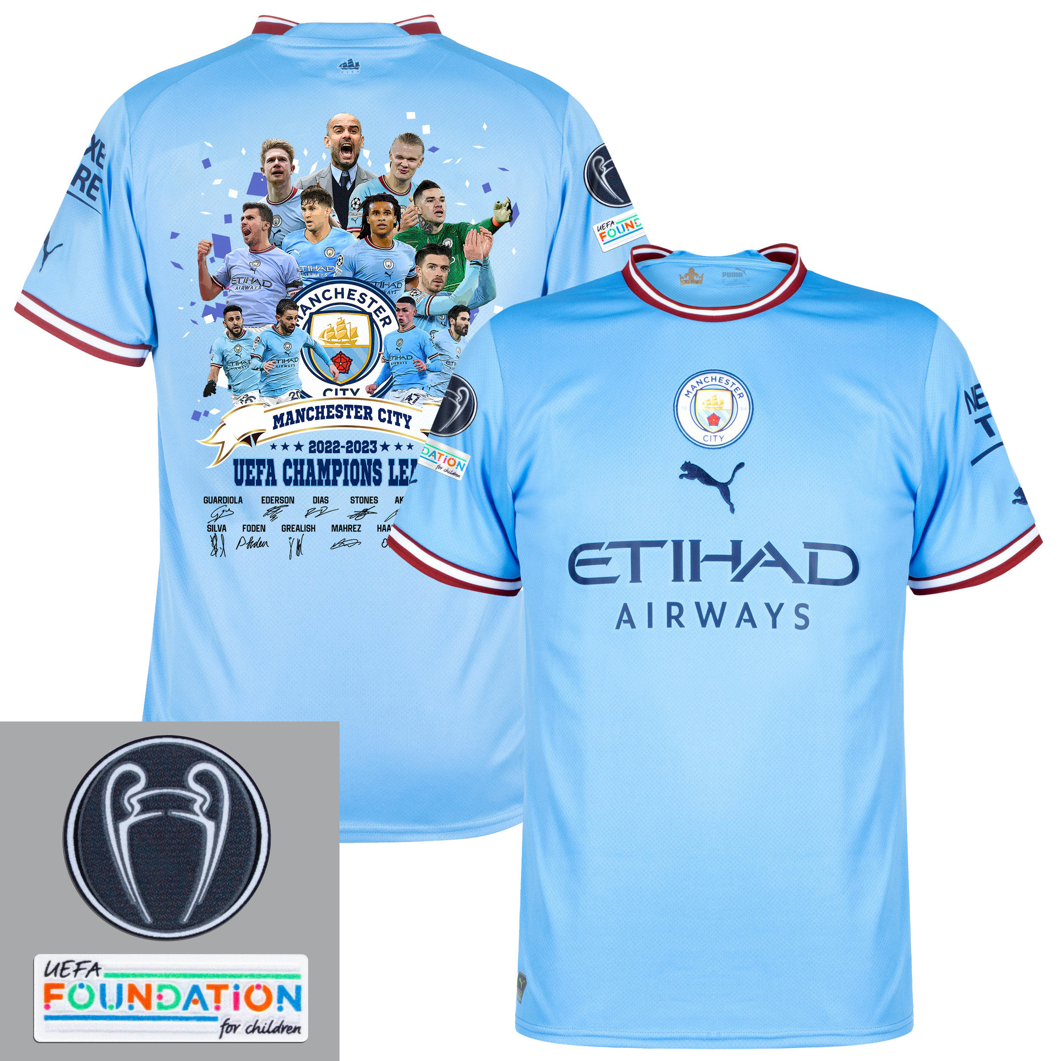 Manchester City 2022-23 UEFA Champions Team Signed Home Soccer Jersey- Blue