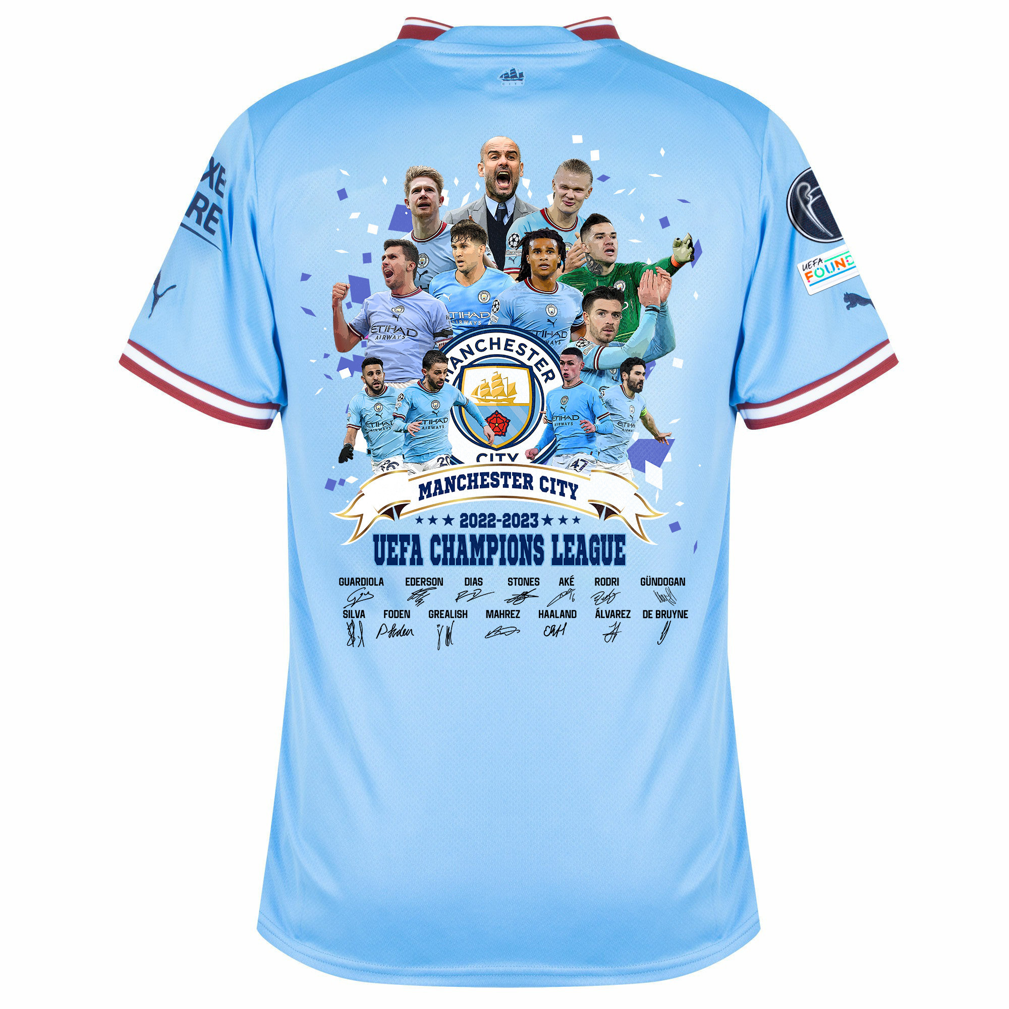 Manchester City 2022-23 UEFA Champions Team Signed Home Soccer Jersey- Blue Manchester City 2022-23 UEFA Champions Team Signed Home Soccer Jersey- Blue