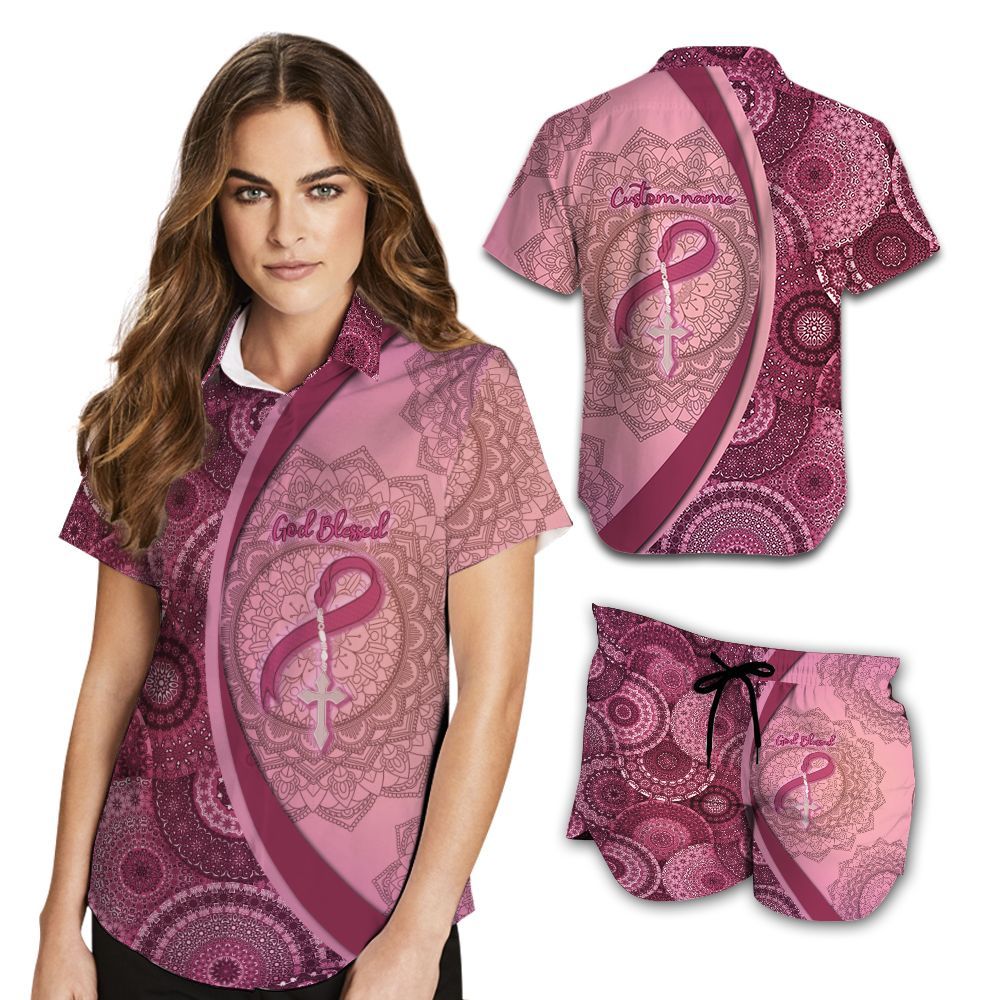 Mandala Pattern God Bless Custom Name Women Hawaiian Shirt For Jesus Lovers And Breast Cancer Supporters