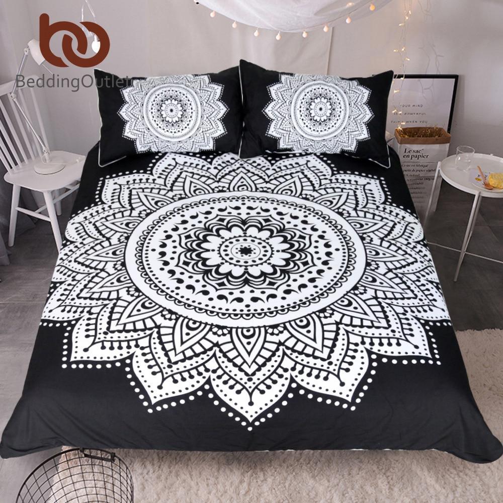 Mandala Print Floral Pattern Black And White Duvet Cover Bedding Set