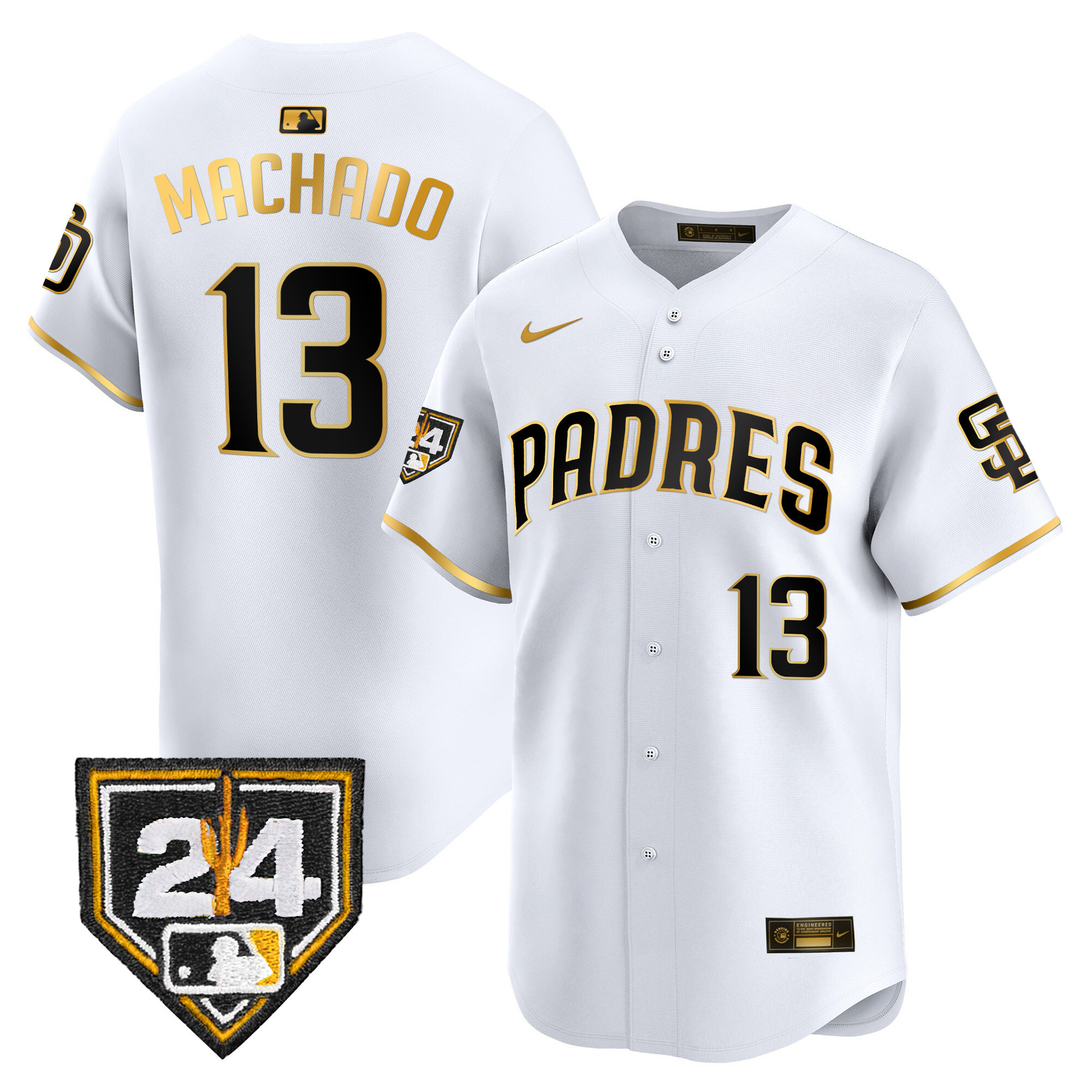 Manny Machado Men's San Diego Padres 2024 Spring Training Patch Vapor Premier Limited White Gold Jersey - All Stitched