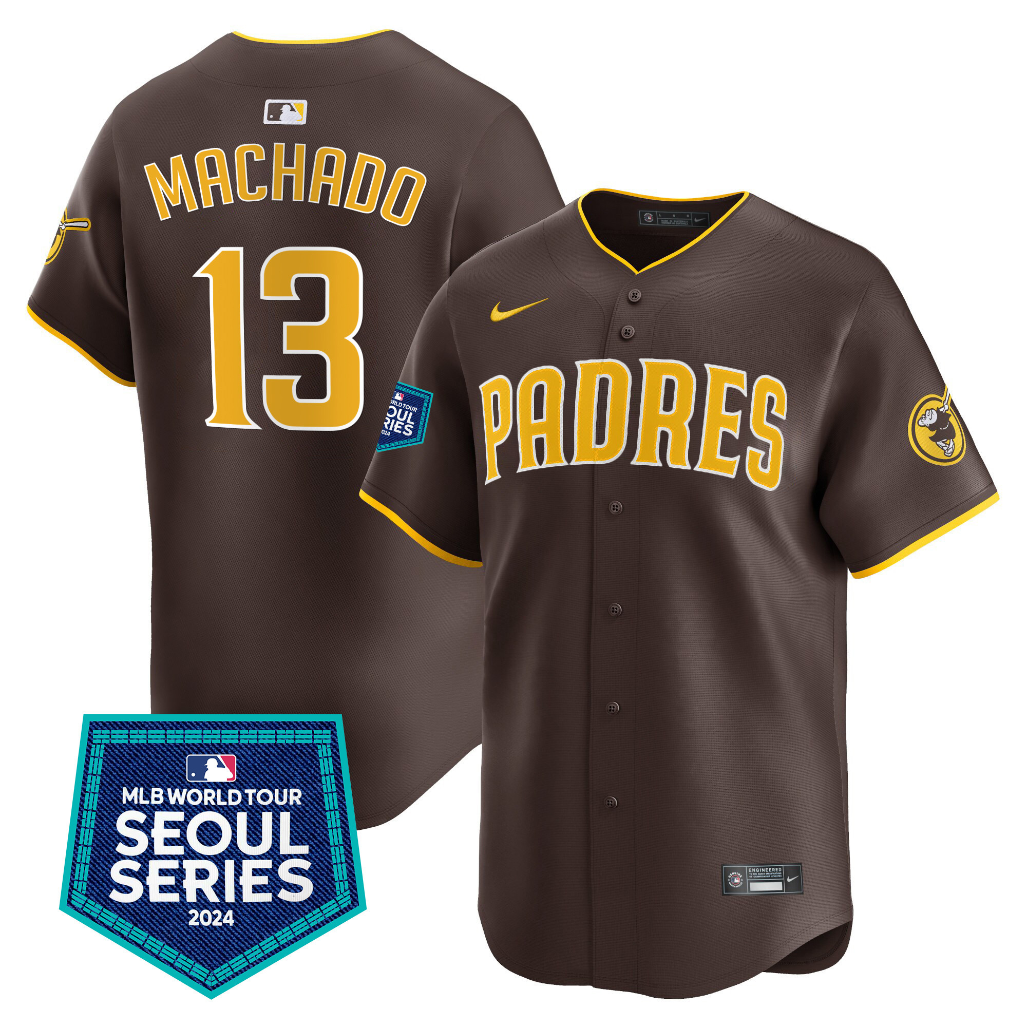 Manny Machado Men's San Diego Padres 2024 World Tour Seoul Series Patch Vapor Premier Limited Brown Jersey - All Stitched
