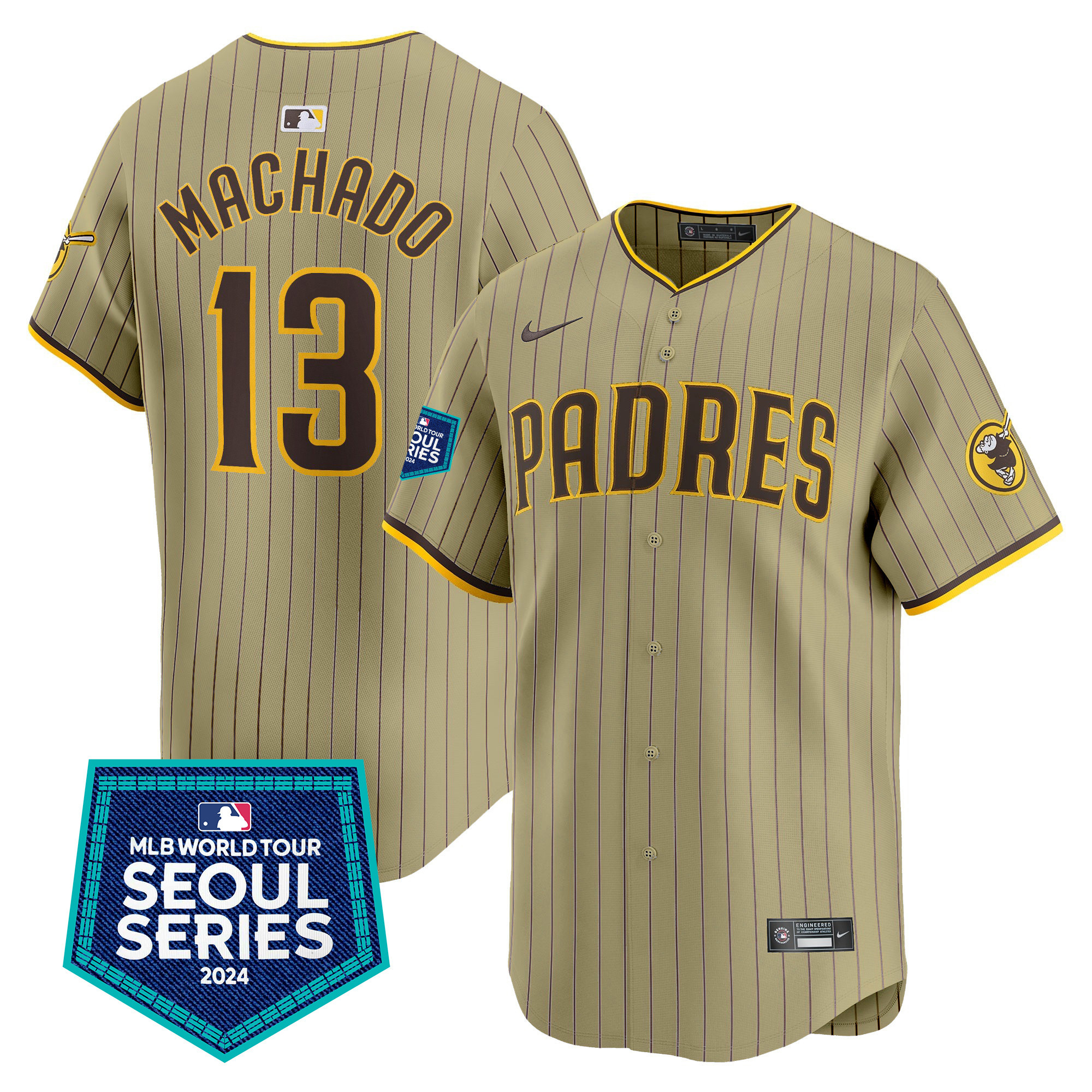 Manny Machado Men's San Diego Padres 2024 World Tour Seoul Series Patch Vapor Premier Limited Tan Jersey - All Stitched