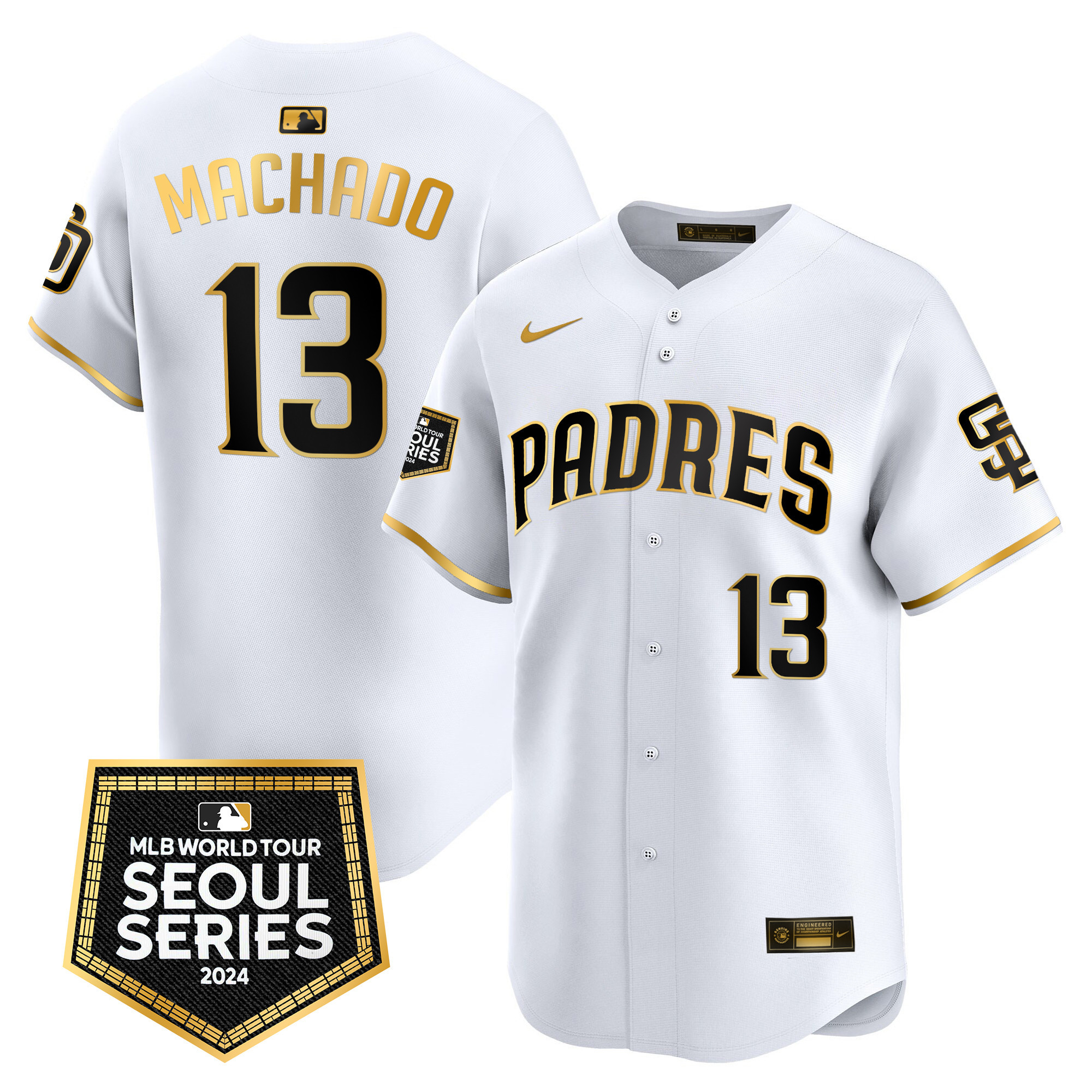 Manny Machado Men's San Diego Padres 2024 World Tour Seoul Series Patch Vapor Premier Limited White Gold Jersey - All Stitched