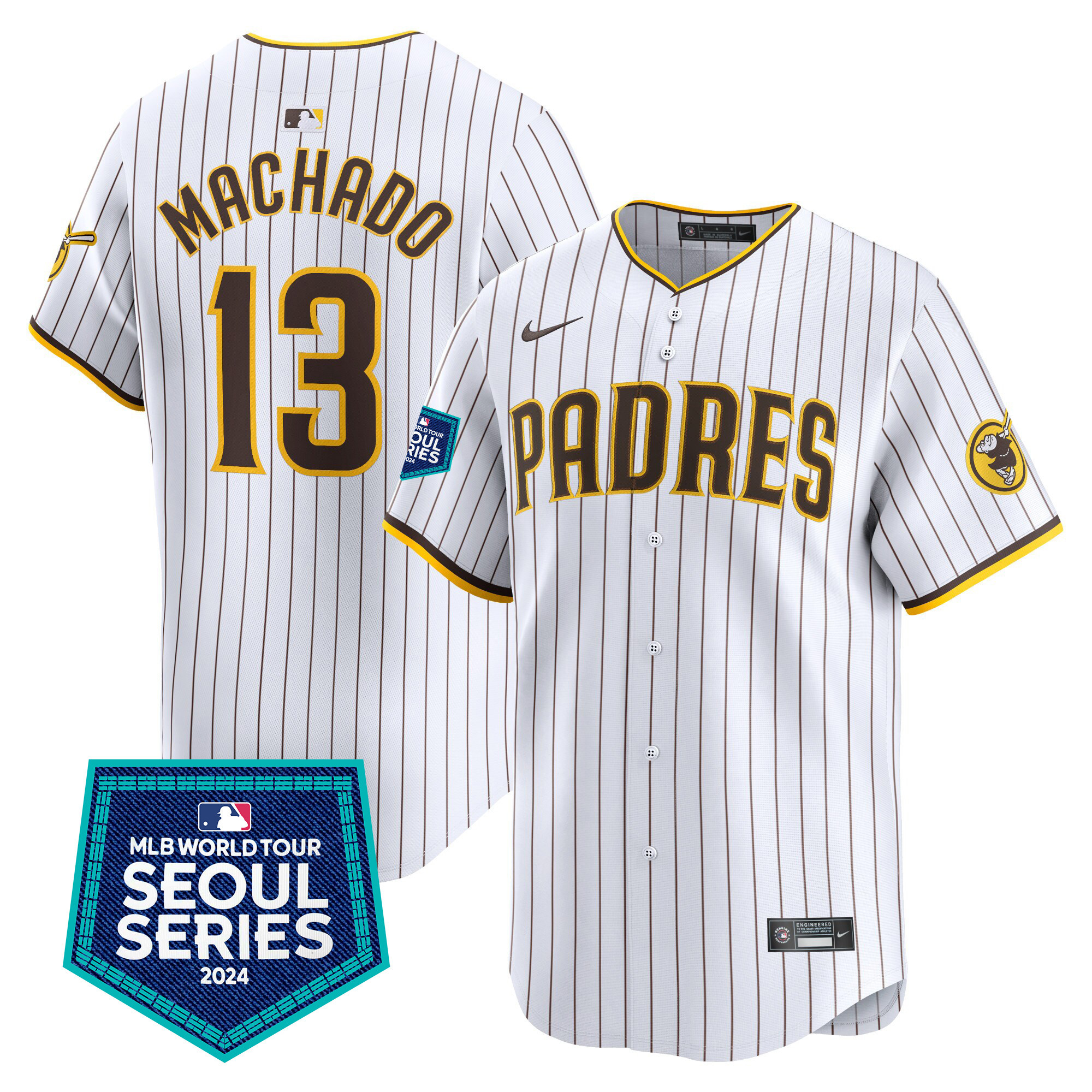 Manny Machado Men's San Diego Padres 2024 World Tour Seoul Series Patch Vapor Premier Limited White Jersey - All Stitched