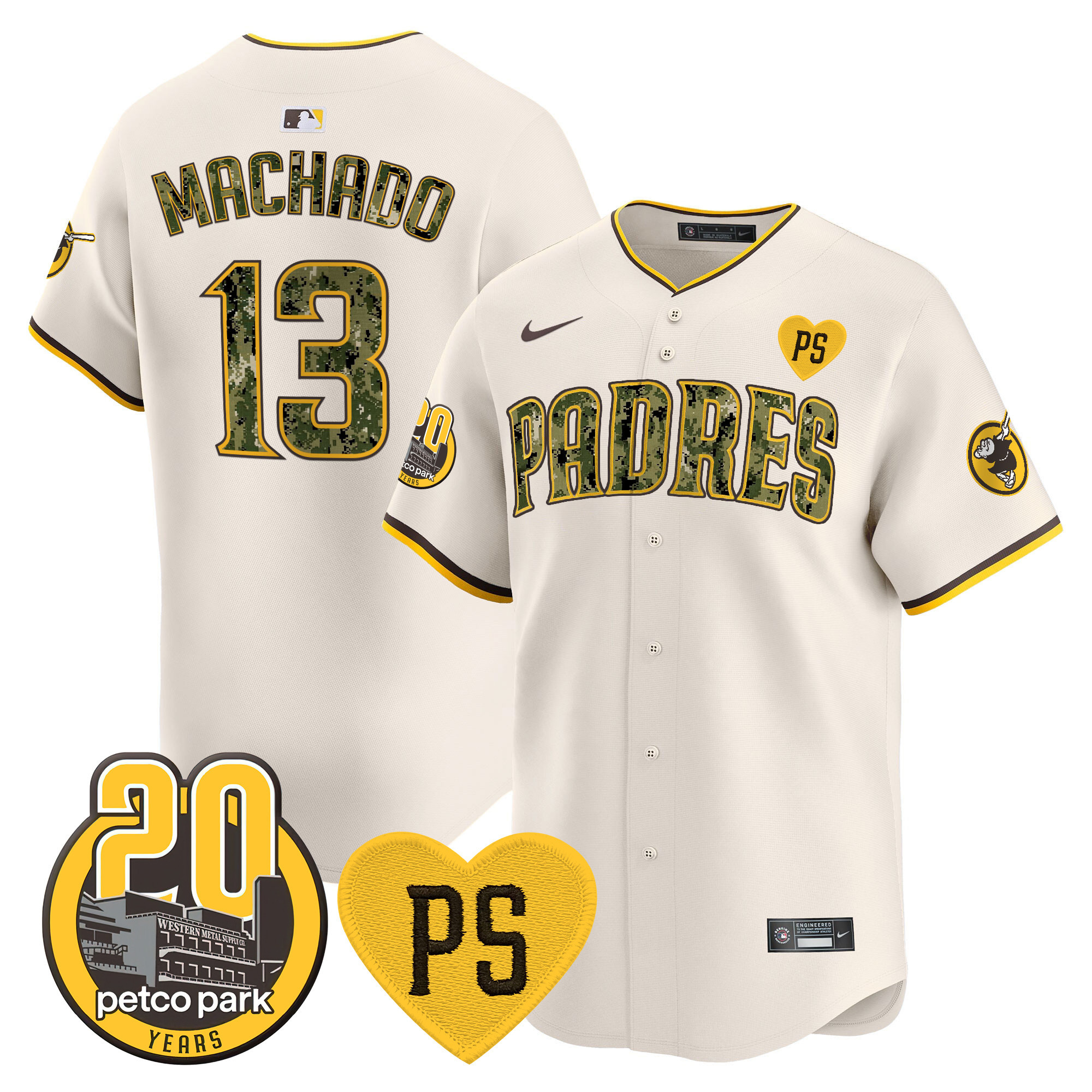 Manny Machado Men's San Diego Padres "For Peter" & Petco Park 20th Patch USMC Vapor Premier Limited V2 Cream Jersey - All Stitched