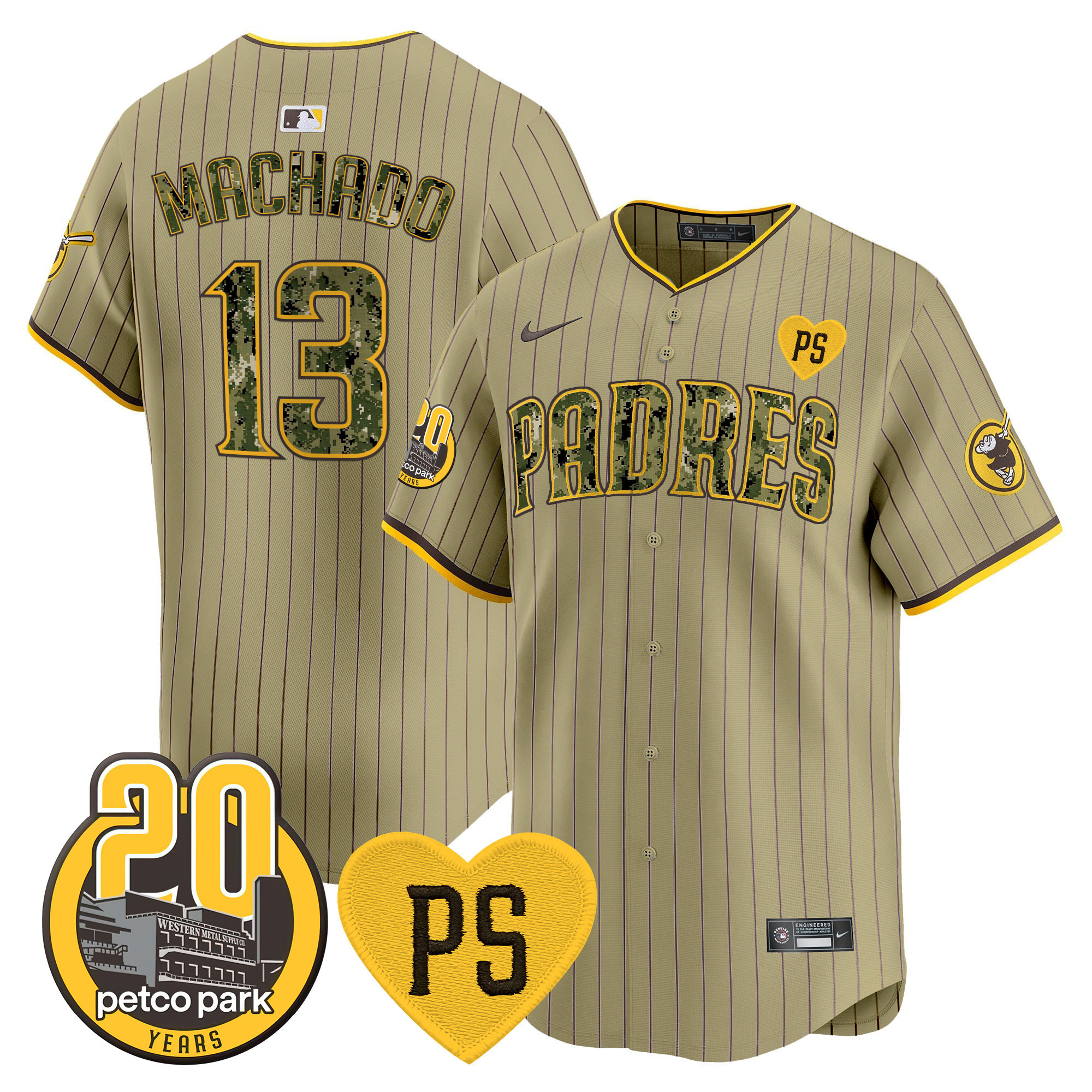 Manny Machado Men's San Diego Padres "For Peter" & Petco Park 20th Patch USMC Vapor Premier Limited V2 Tan Jersey - All Stitched