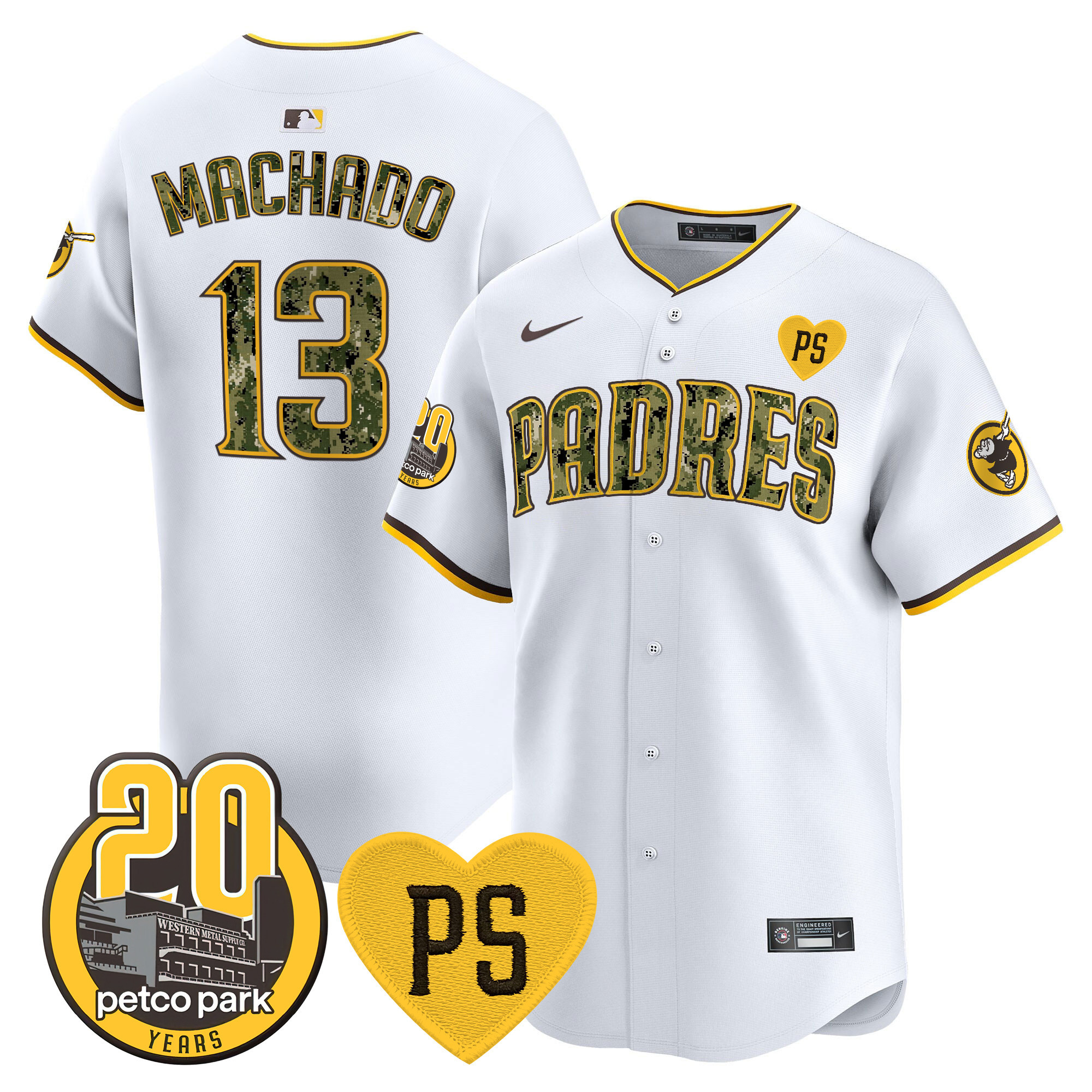 Manny Machado Men's San Diego Padres "For Peter" & Petco Park 20th Patch USMC Vapor Premier Limited V2 White Jersey - All Stitched