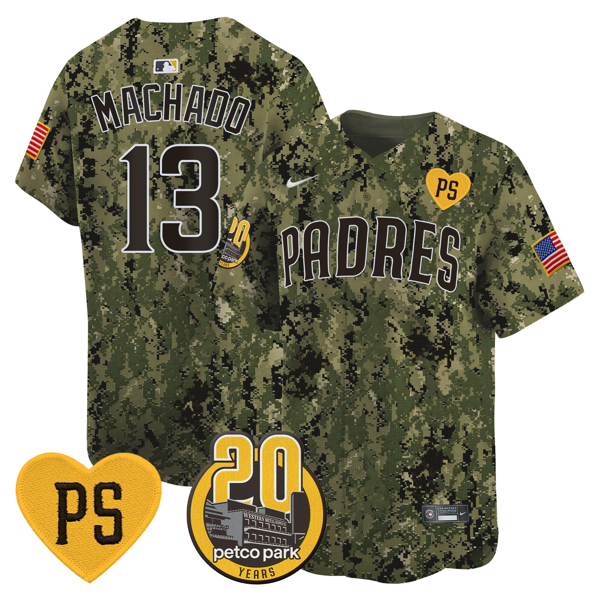 Manny Machado Men's San Diego Padres "For Peter" & Petco Park 20th Patch USMC Vapor Premier Limited Woodland Jersey - All Stitched