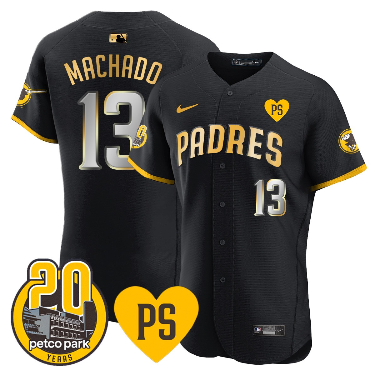 Manny Machado Men's San Diego Padres "For Peter" & Petco Park 20th Patch Vapor Premier Elite Black Gold Jersey - All Stitched