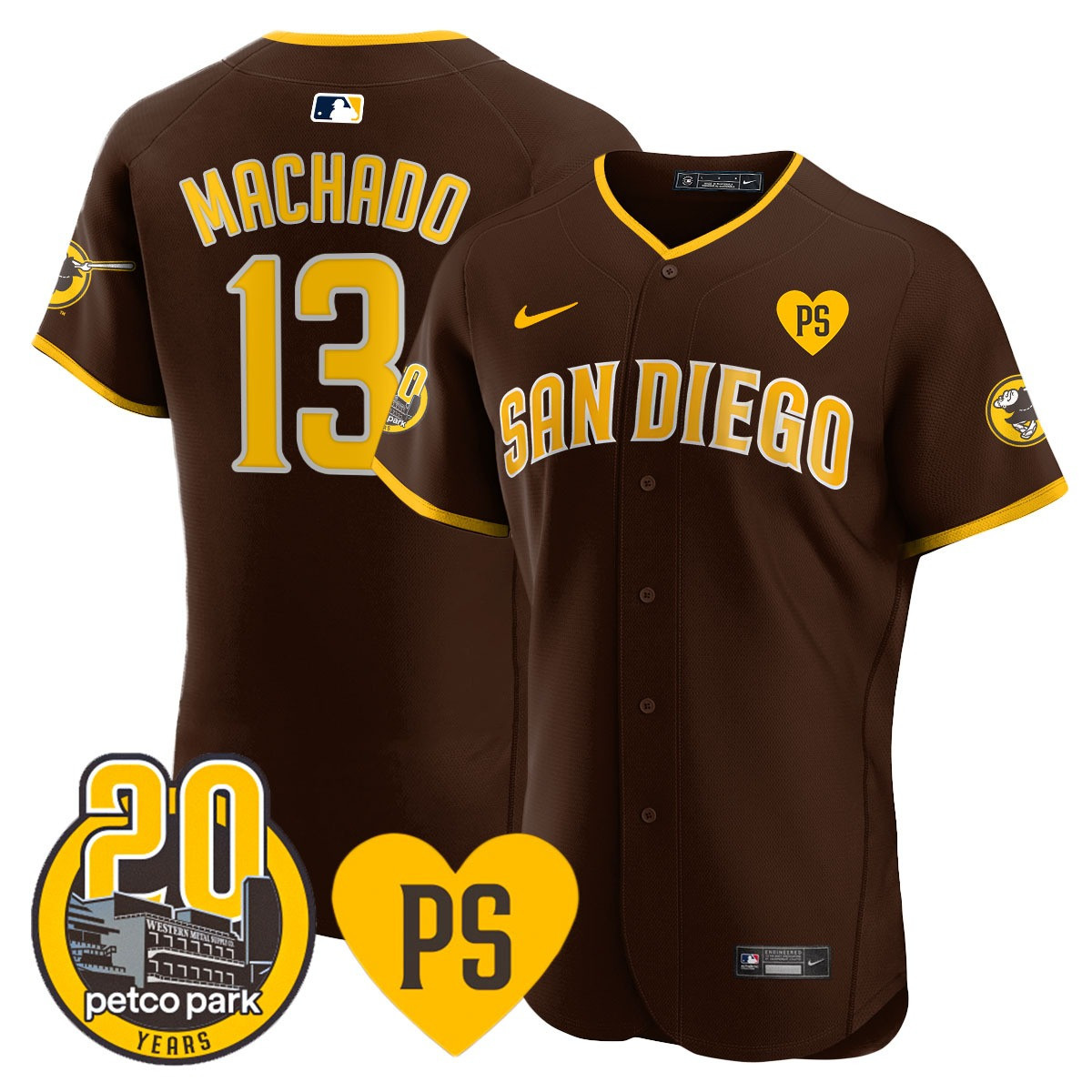 Manny Machado Men's San Diego Padres "For Peter" & Petco Park 20th Patch Vapor Premier Elite Brown Jersey - All Stitched