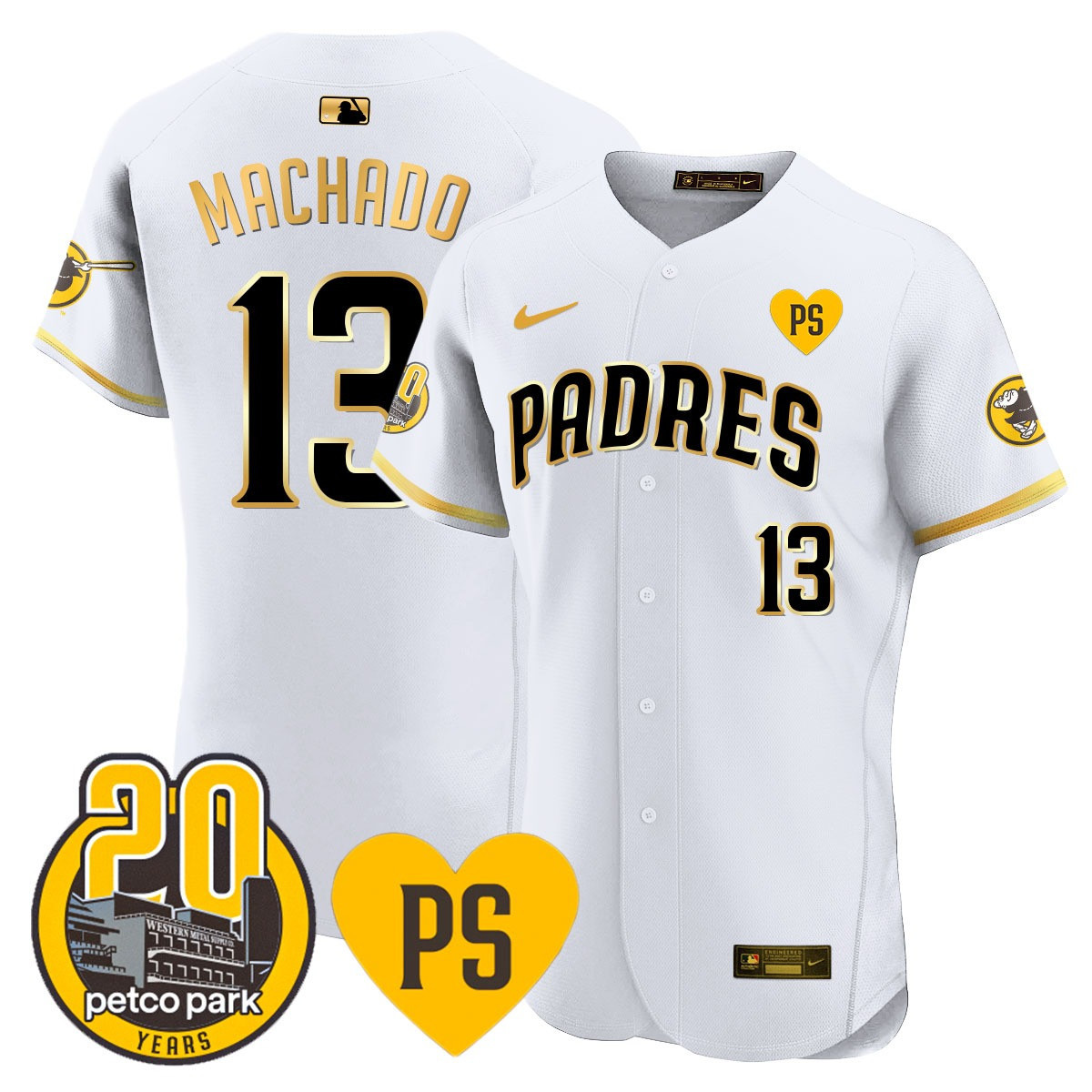 Manny Machado Men's San Diego Padres "For Peter" & Petco Park 20th Patch Vapor Premier Elite White Gold Jersey - All Stitched
