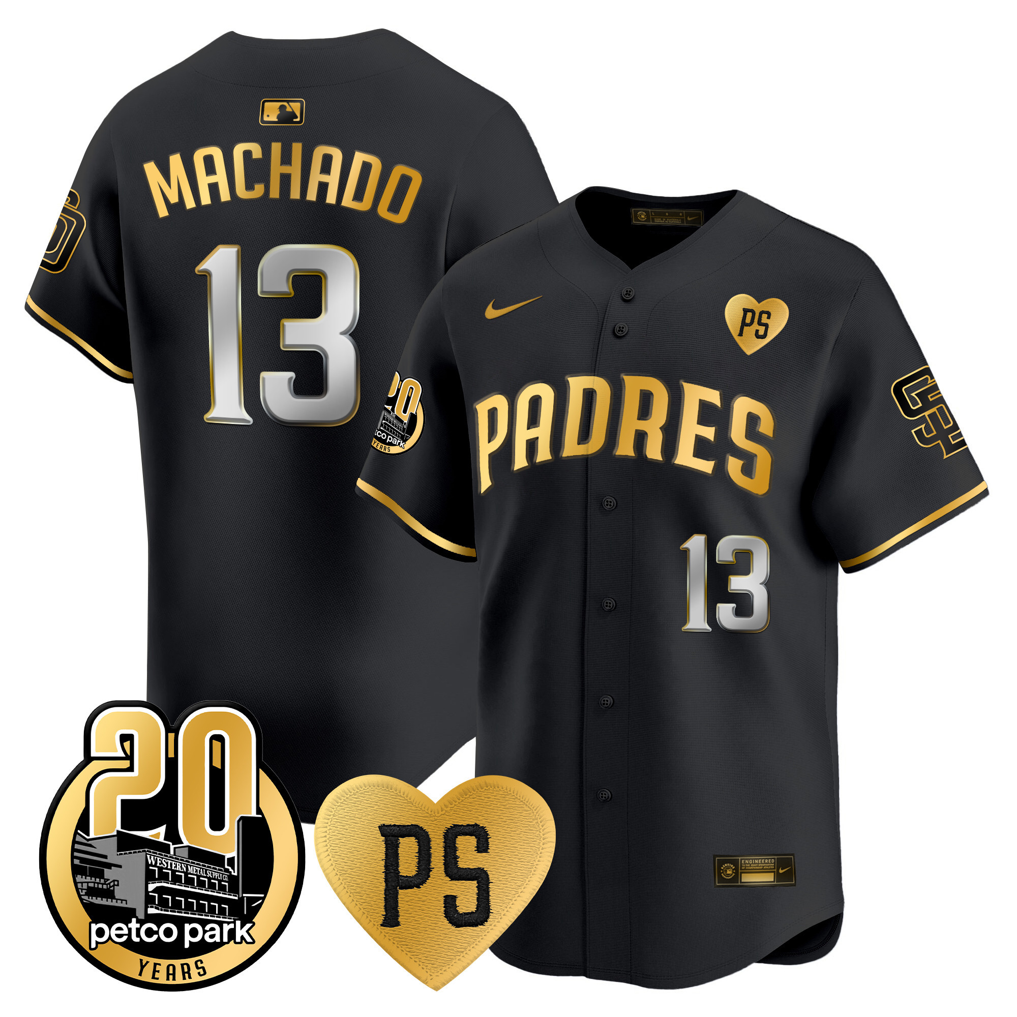 Manny Machado Men's San Diego Padres "For Peter" & Petco Park 20th Patch Vapor Premier Limited Black Gold Jersey - All Stitched