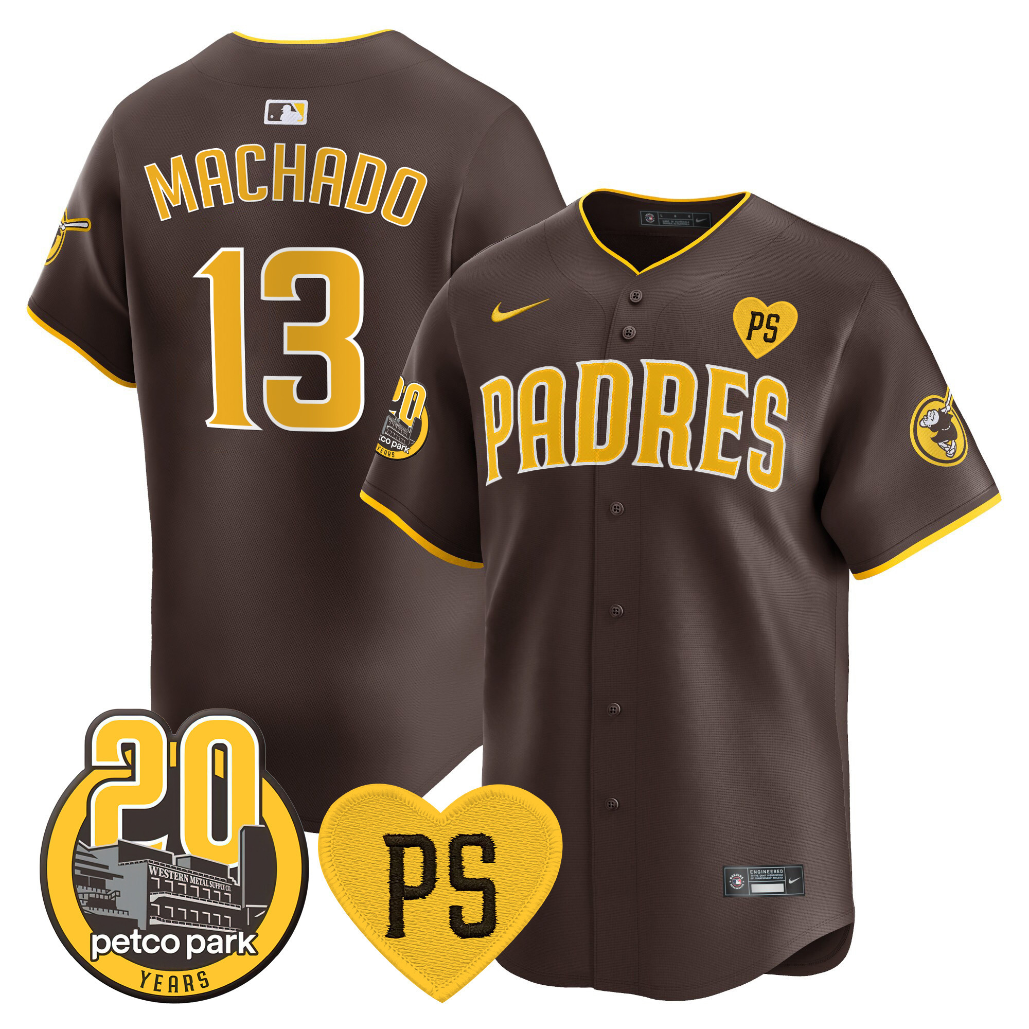 Manny Machado Men's San Diego Padres "For Peter" & Petco Park 20th Patch Vapor Premier Limited Brown Jersey - All Stitched