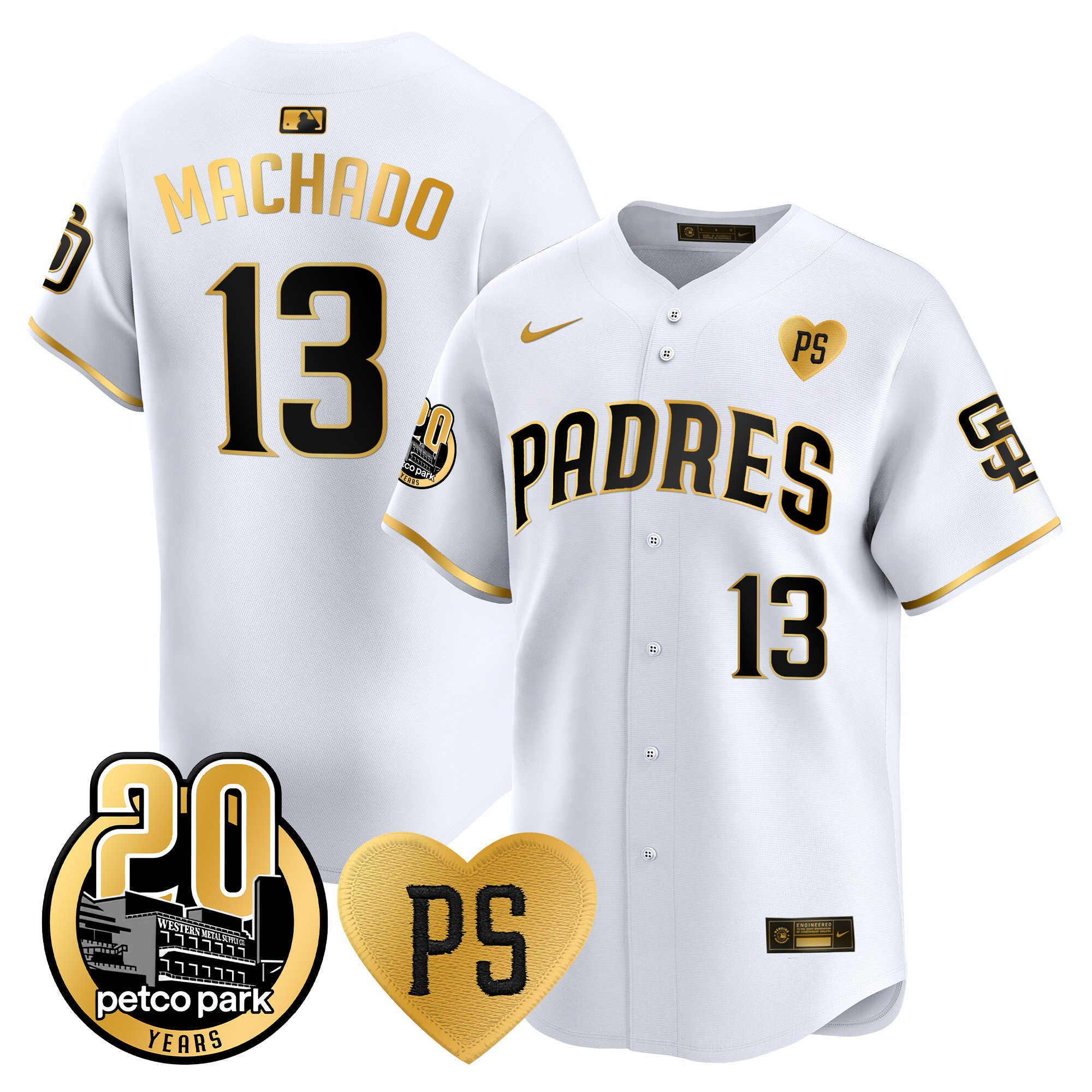Manny Machado Men's San Diego Padres "For Peter" & Petco Park 20th Patch Vapor Premier Limited White Gold Jersey - All Stitched