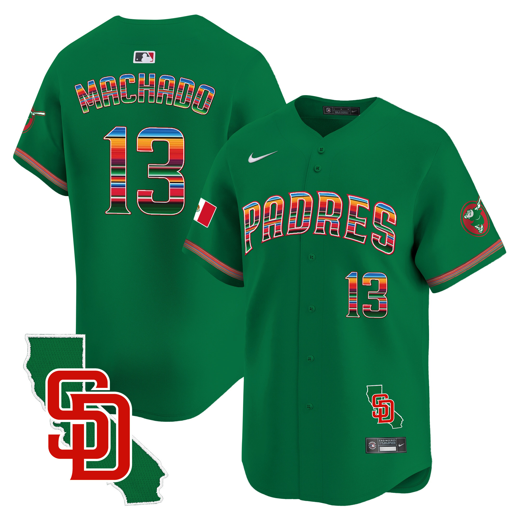 Manny Machado Men's San Diego Padres Mexico California Patch Vapor Premier Limited Green Jersey - All Stitched