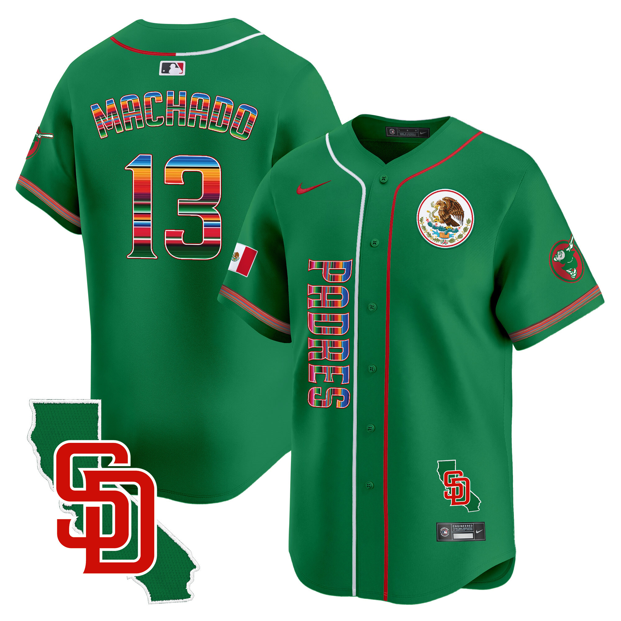 Manny Machado Men's San Diego Padres Mexico California Patch Vapor Premier Limited V2 Green Jersey - All Stitched