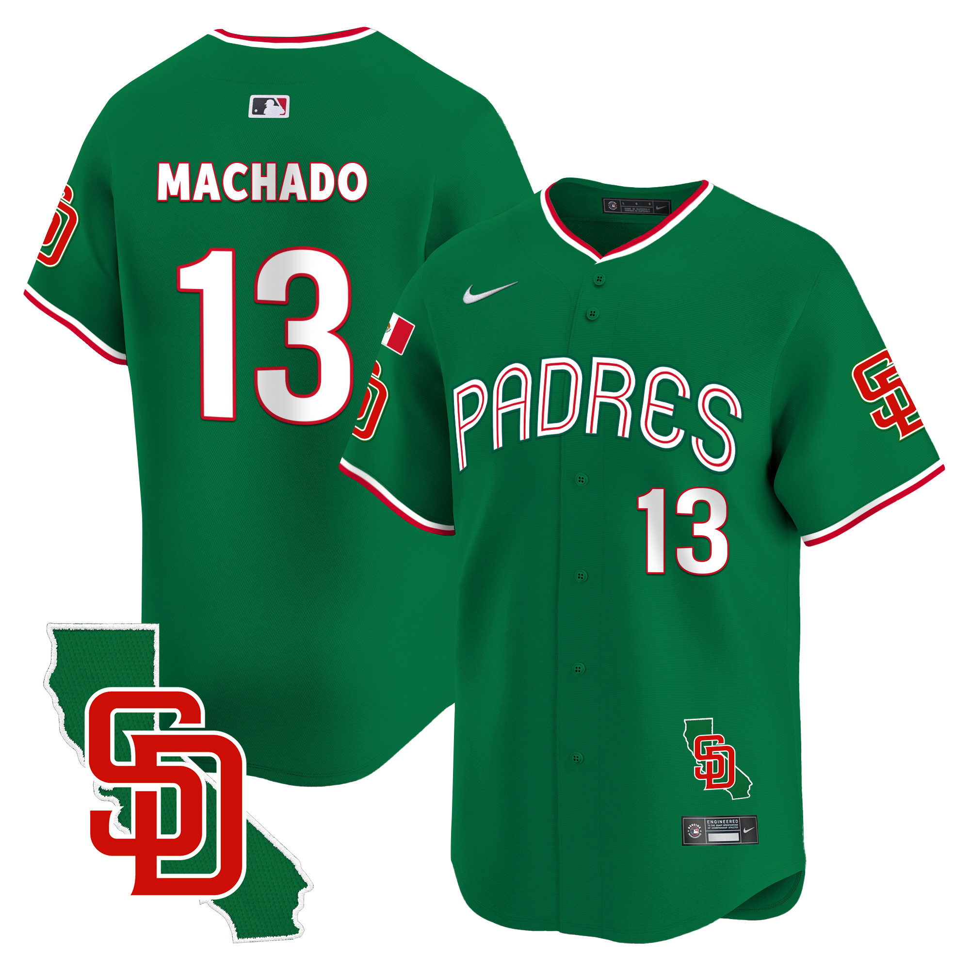 Manny Machado Men's San Diego Padres Mexico California Patch Vapor Premier Limited V4 Green Jersey - All Stitched