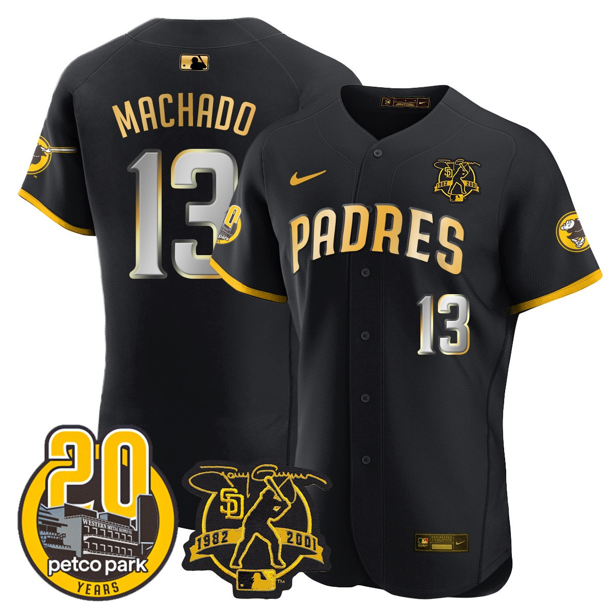 Manny Machado Men's San Diego Padres Tony Gwynn & Petco Park 20th Patch Vapor Premier Elite Black Gold Jersey - All Stitched
