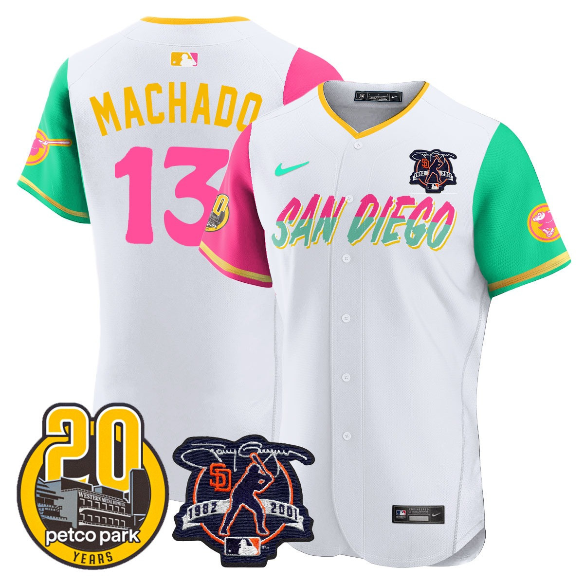 Manny Machado Men's San Diego Padres Tony Gwynn & Petco Park 20th Patch Vapor Premier Elite City Connect Jersey - All Stitched