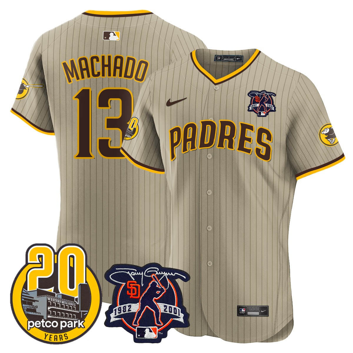 Manny Machado Men's San Diego Padres Tony Gwynn & Petco Park 20th Patch Vapor Premier Elite Tan Jersey - All Stitched