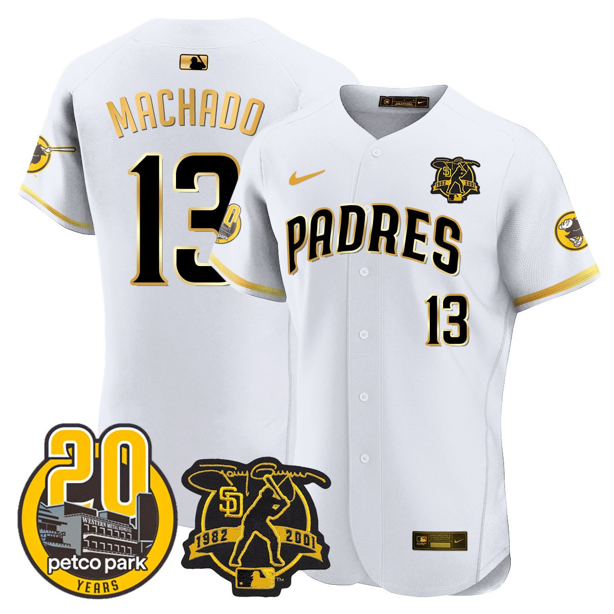Manny Machado Men's San Diego Padres Tony Gwynn & Petco Park 20th Patch Vapor Premier Elite White Gold Jersey - All Stitched