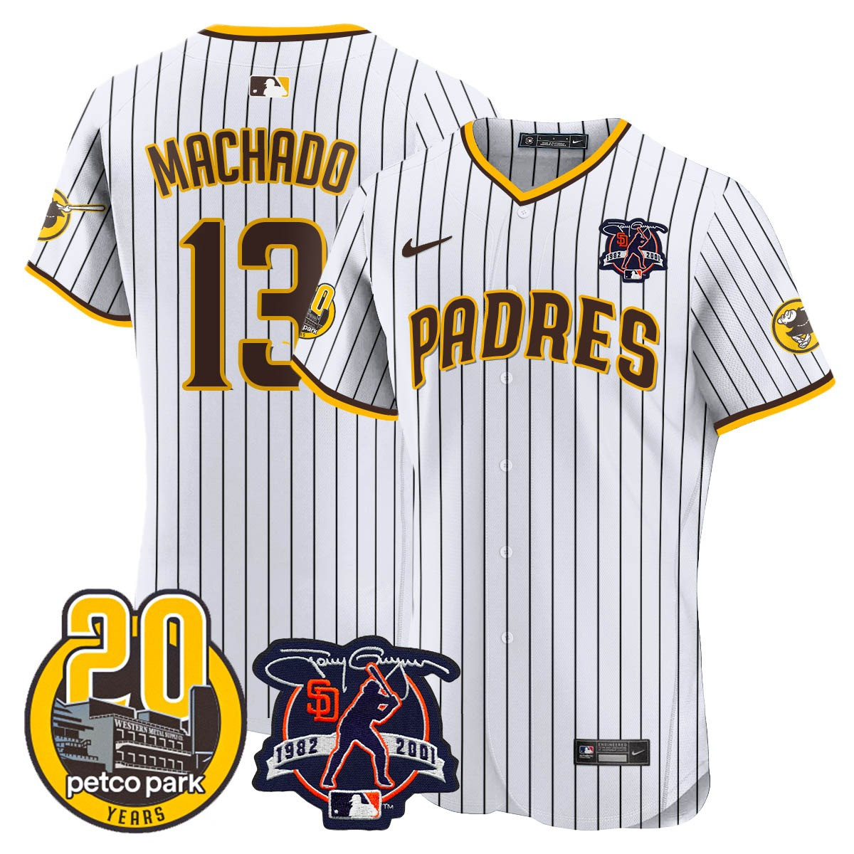 Manny Machado Men's San Diego Padres Tony Gwynn & Petco Park 20th Patch Vapor Premier Elite White Jersey - All Stitched