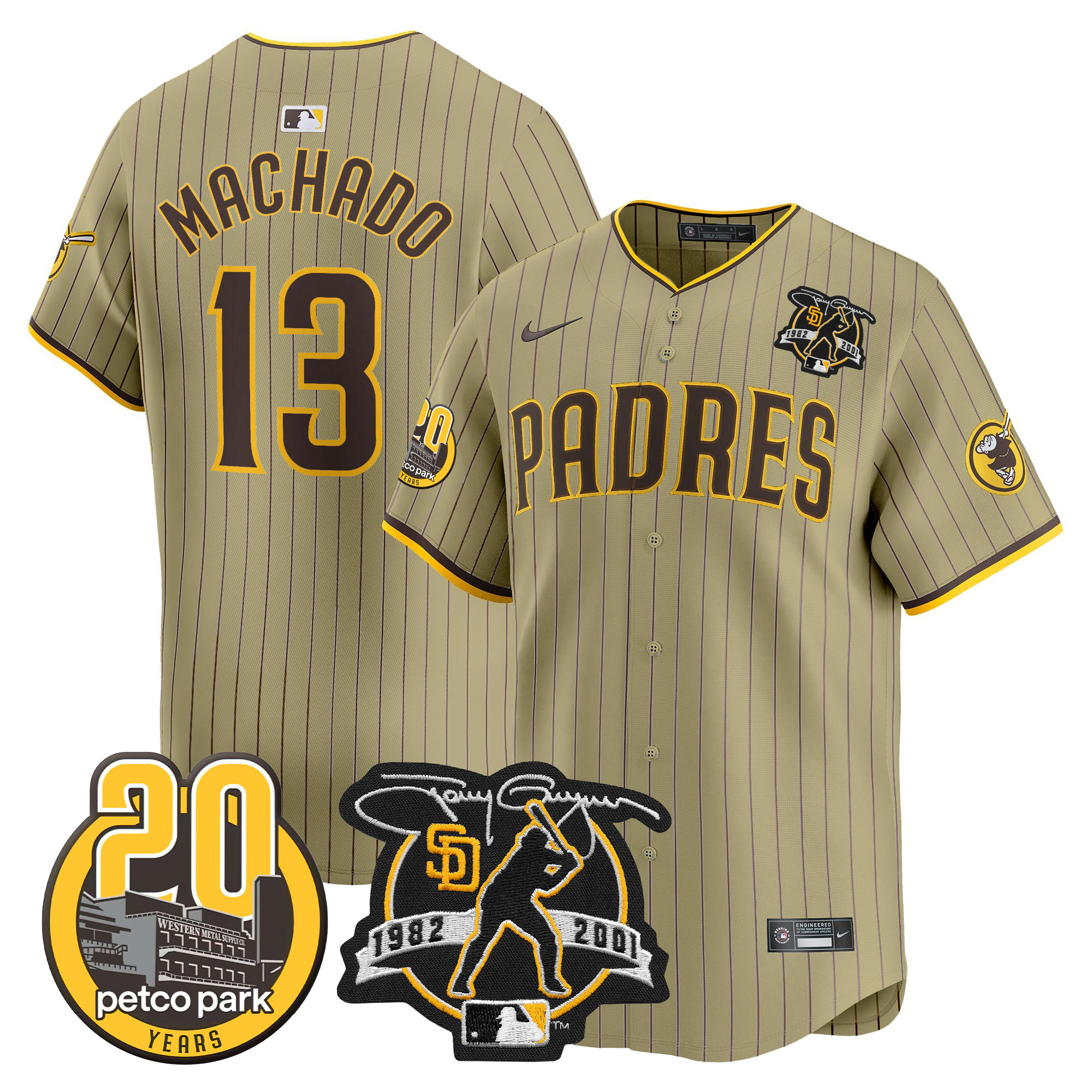 Manny Machado Men's San Diego Padres Tony Gwynn & Petco Park 20th Patch Vapor Premier Limited Tan Jersey - All Stitched
