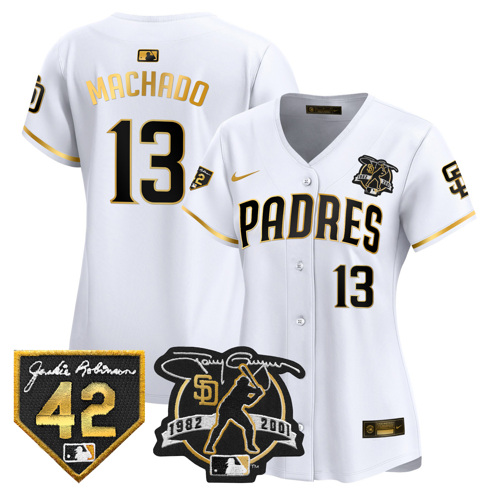 Manny Machado Women's San Diego Padres 2024 Tony Gwynn & Robinson Patch Vapor Premier Limited White Gold Jersey - All Stitched