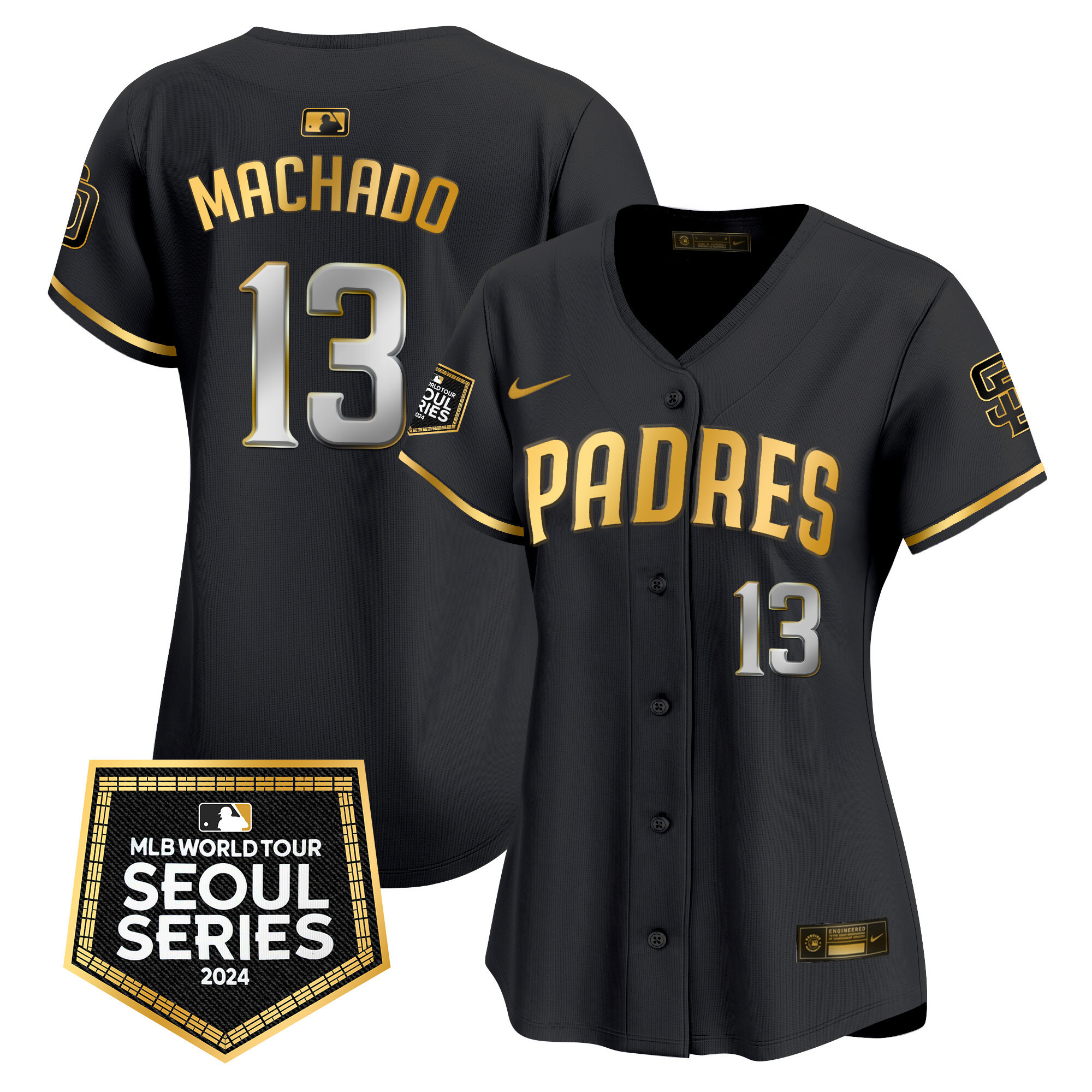 Manny Machado Women's San Diego Padres 2024 World Tour Seoul Series Patch Vapor Premier Limited Black Gold Jersey - All Stitched