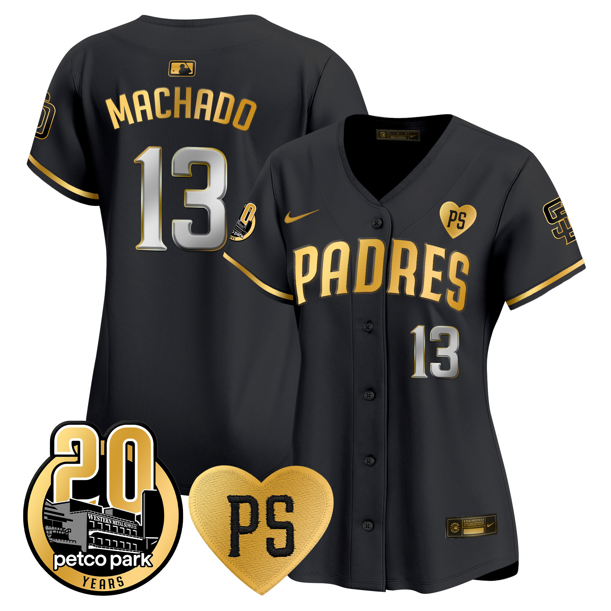 Manny Machado Women's San Diego Padres "For Peter" & Petco Park 20th Patch Vapor Premier Limited Black Gold Jersey - All Stitched