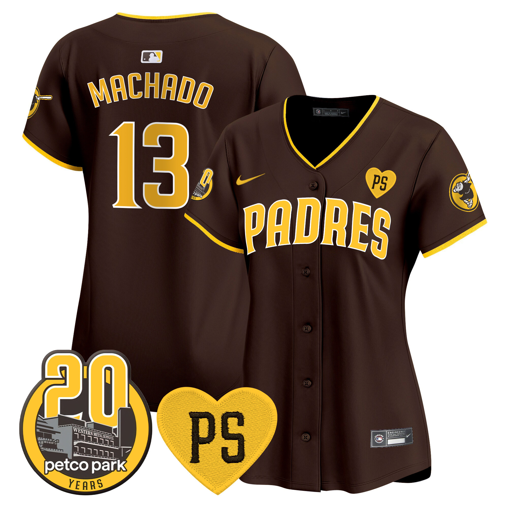 Manny Machado Women's San Diego Padres "For Peter" & Petco Park 20th Patch Vapor Premier Limited Brown Jersey - All Stitched