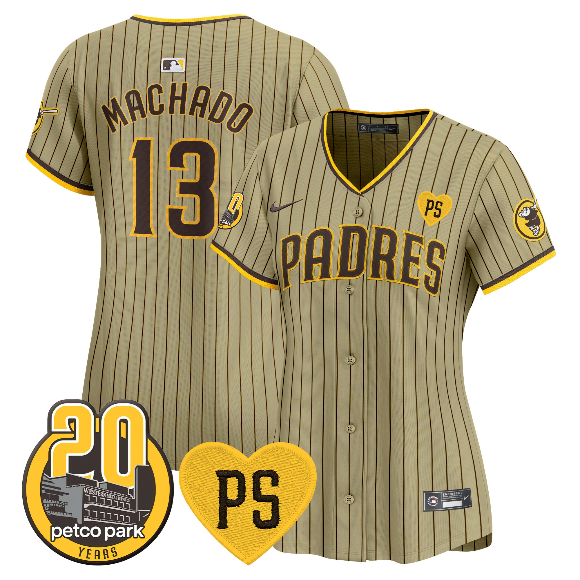 Manny Machado Women's San Diego Padres "For Peter" & Petco Park 20th Patch Vapor Premier Limited Tan Jersey - All Stitched