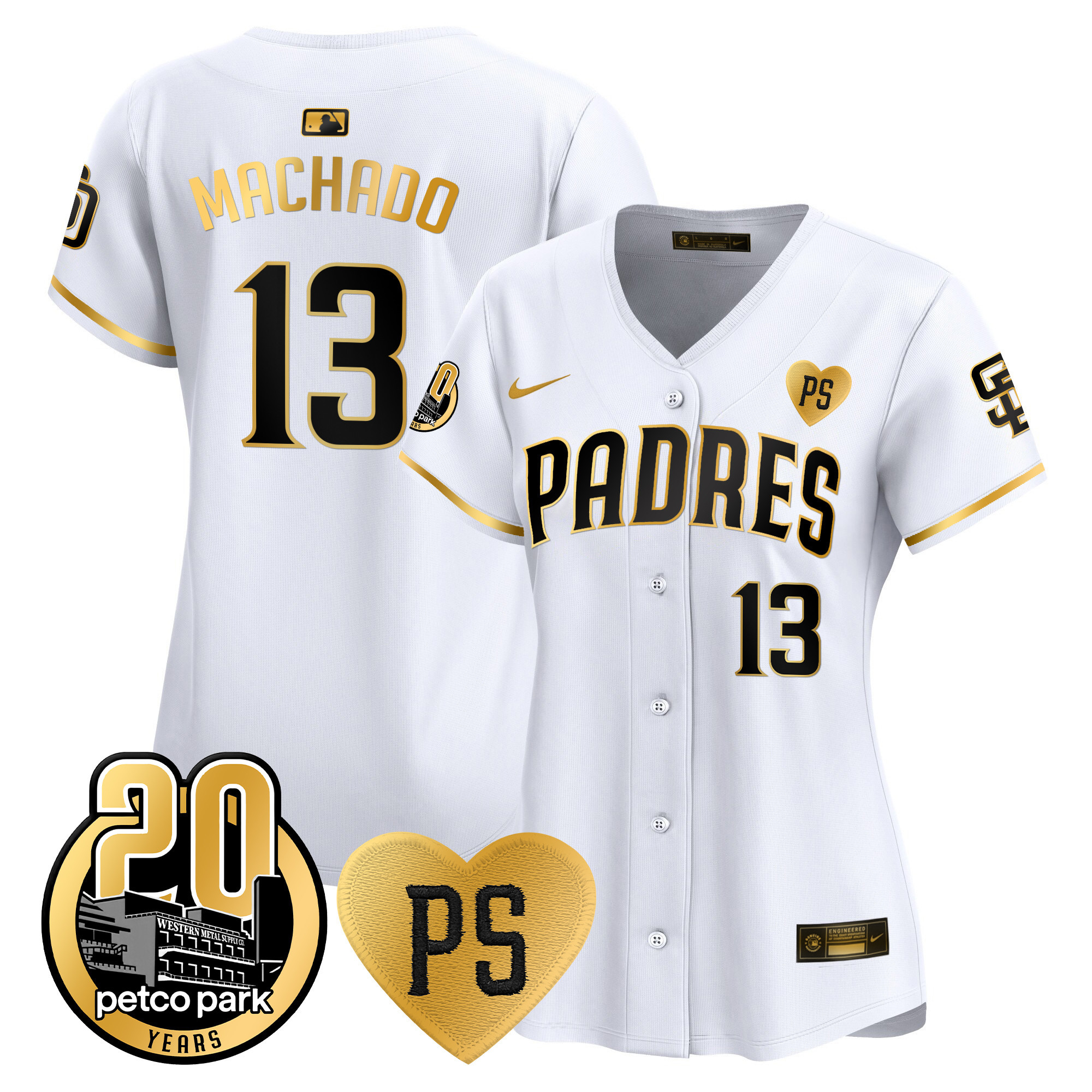 Manny Machado Women's San Diego Padres "For Peter" & Petco Park 20th Patch Vapor Premier Limited White Gold Jersey - All Stitched