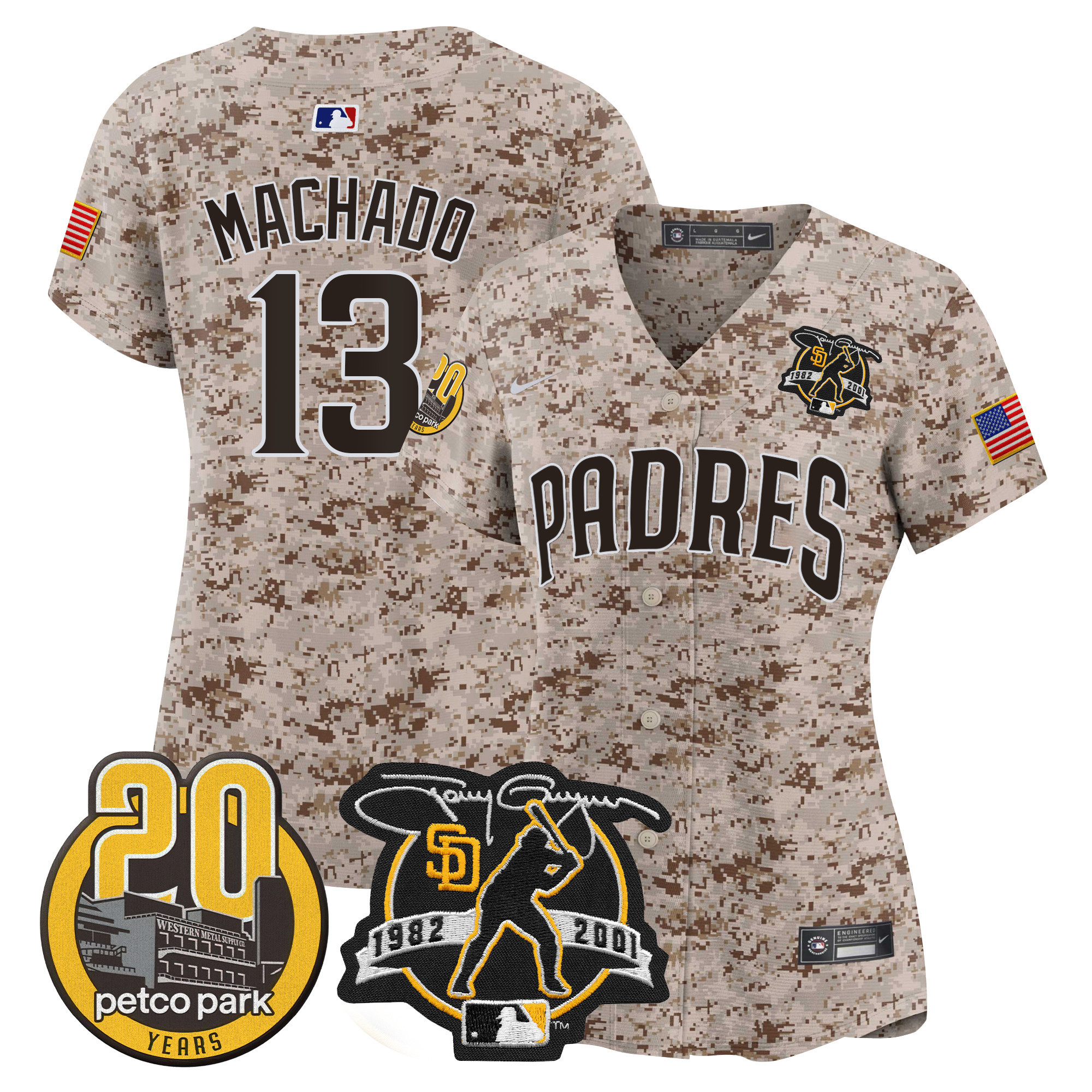 Manny Machado Women's San Diego Padres Tony Gwynn & Petco Park 20th Patch USMC Vapor Premier Limited Desert Jersey - All Stitched