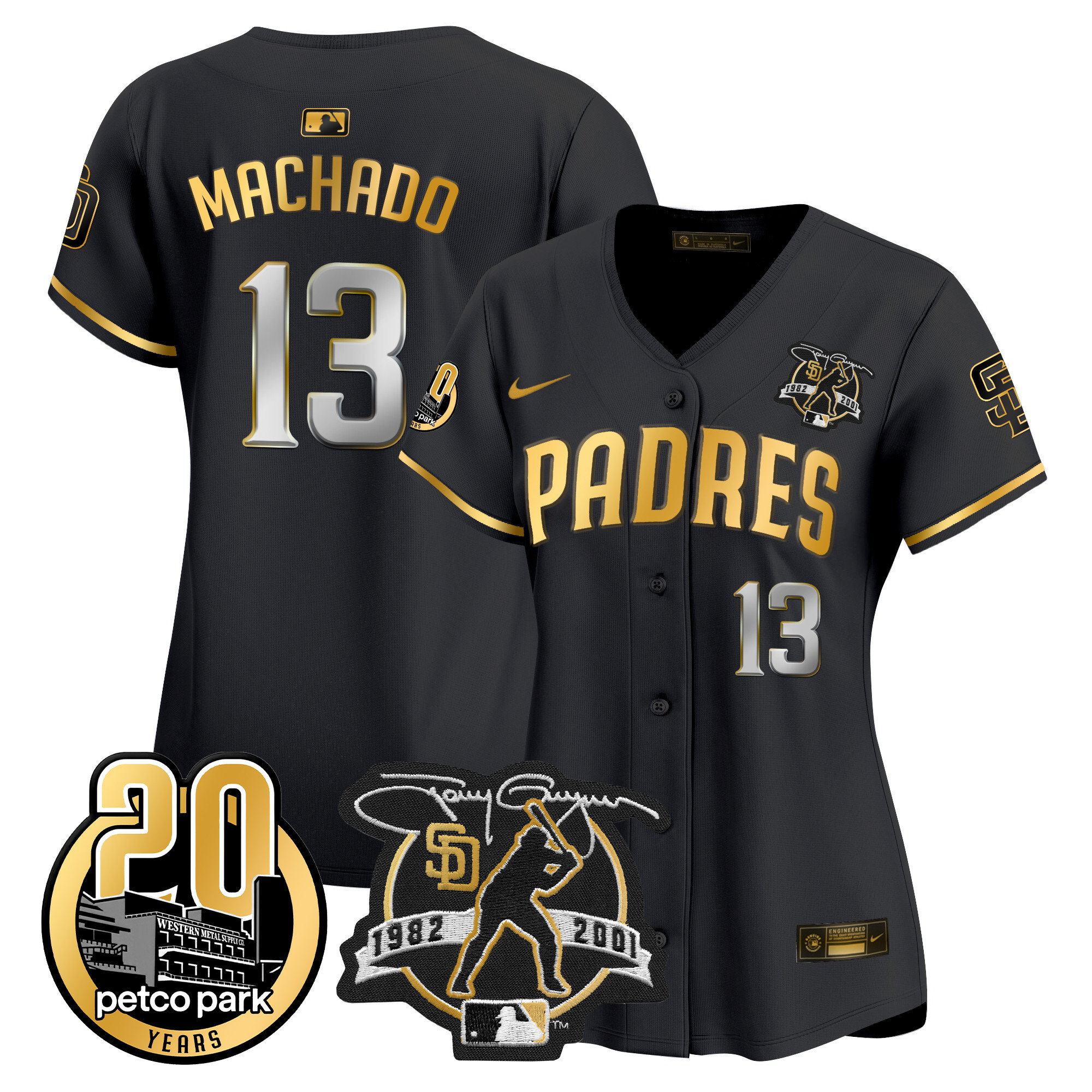 Manny Machado Women's San Diego Padres Tony Gwynn & Petco Park 20th Patch Vapor Premier Limited Black Gold Jersey - All Stitched