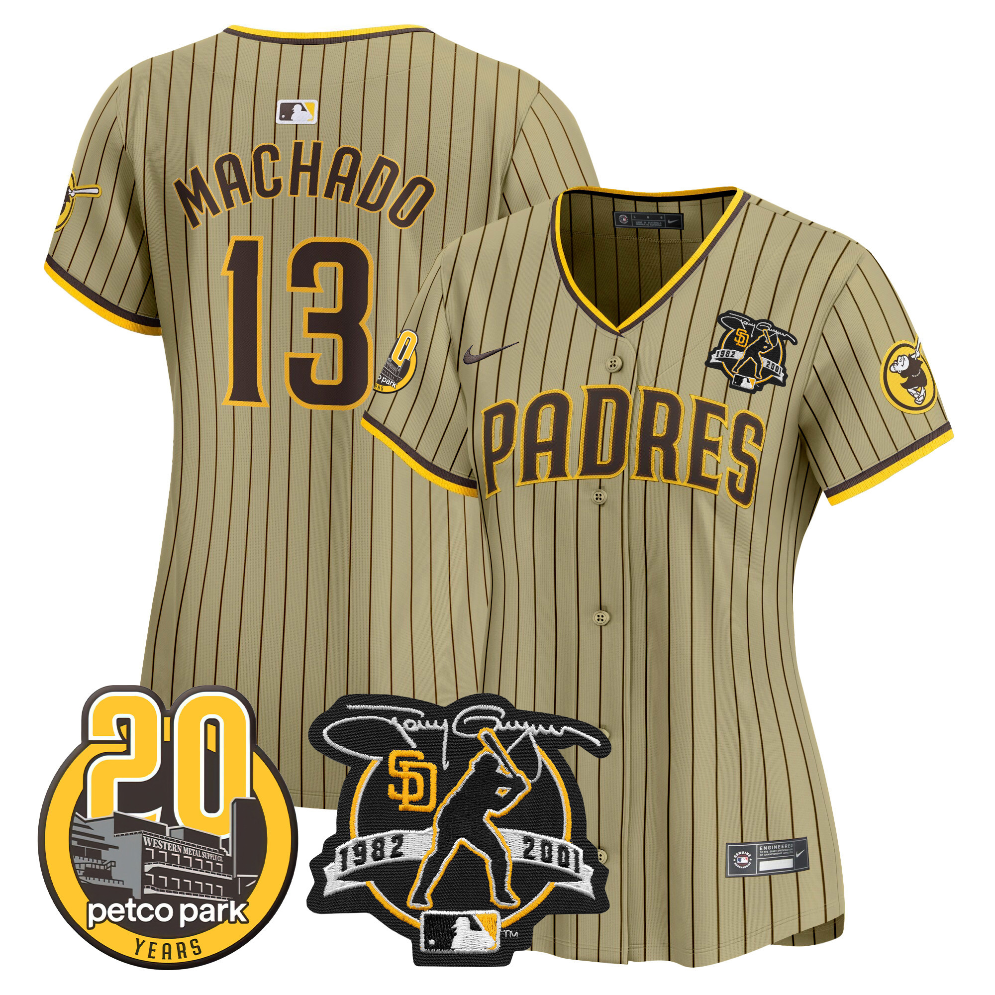 Manny Machado Women's San Diego Padres Tony Gwynn & Petco Park 20th Patch Vapor Premier Limited Tan Jersey - All Stitched